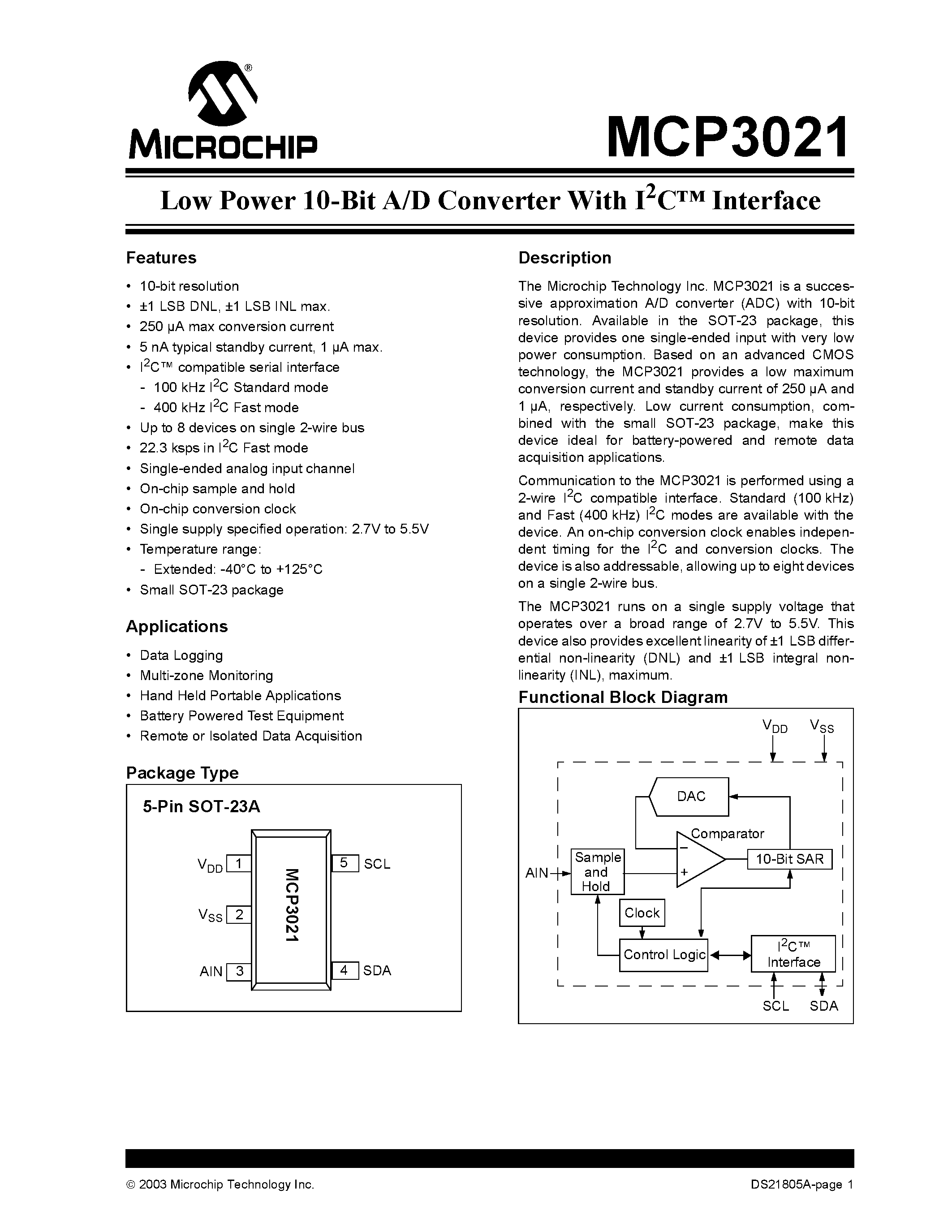 Даташит на микросхему MCP3021 страница 1 Даташит MCP3021 - Low Power 10-Bit A/D Converter страница 1
