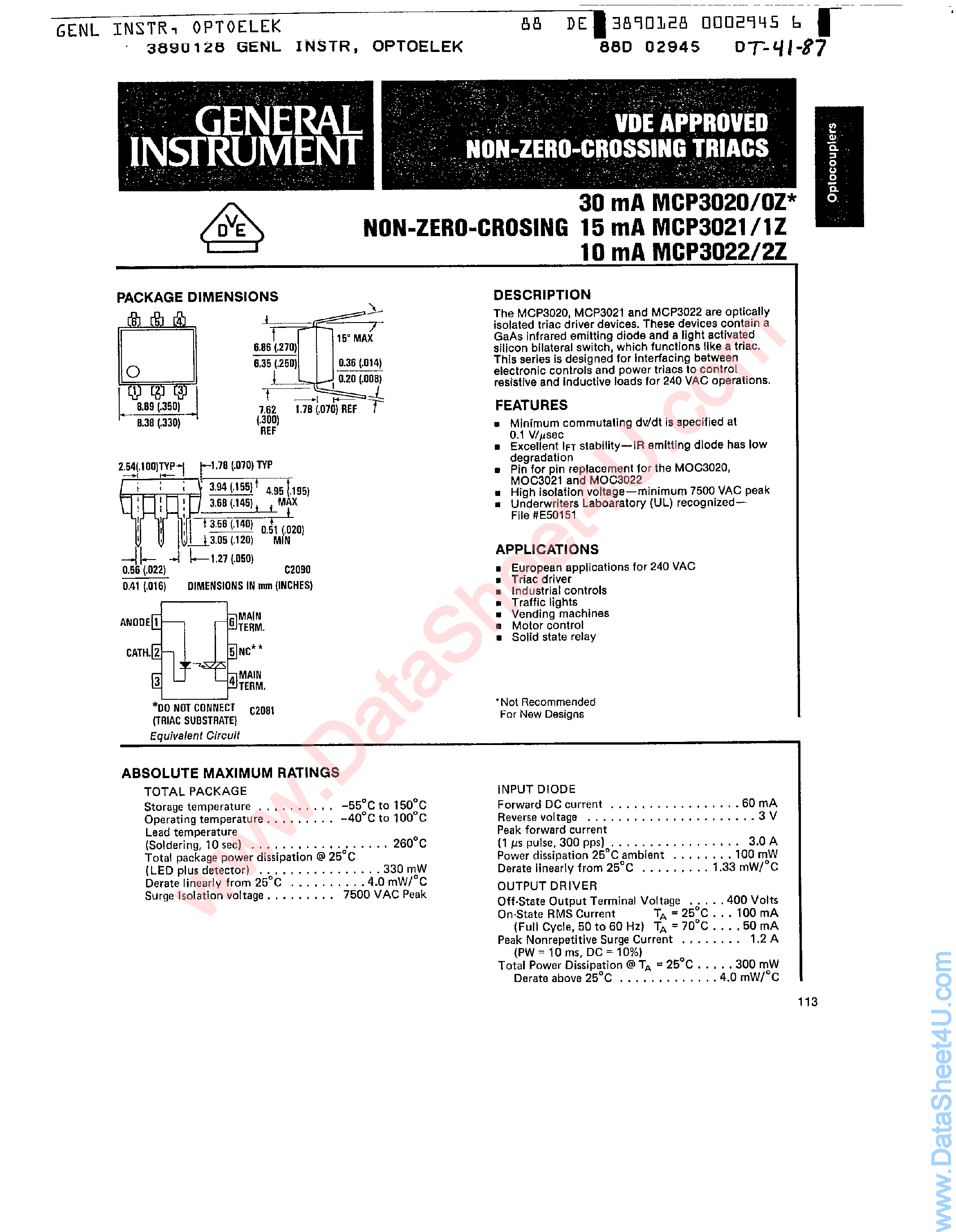 Datasheet MCP3020 page 1 Datasheet MCP3020 - (MCP3020 - MCP3022) VDE Approved Non-Zero Crossing Triacs page 1