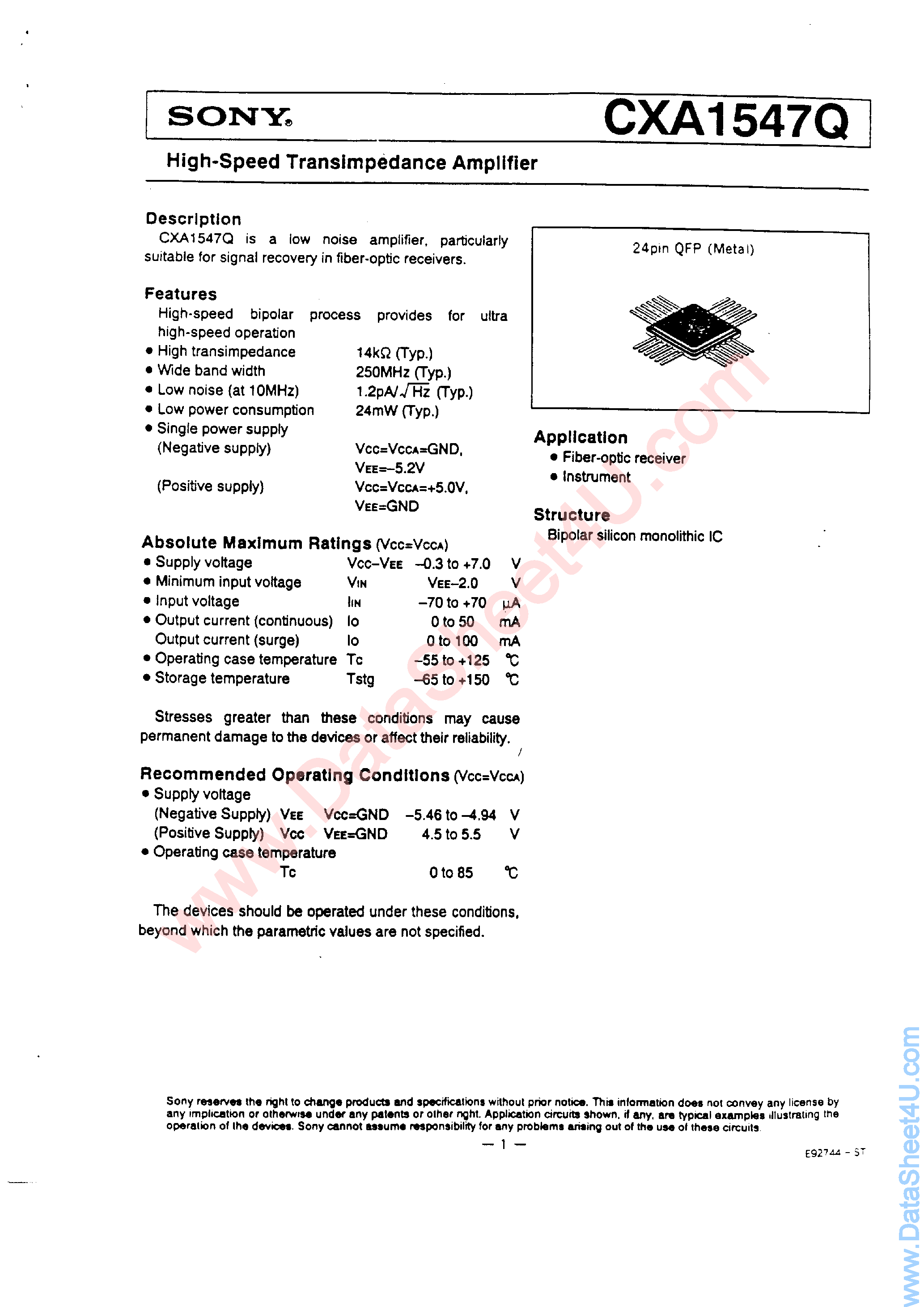 Datasheet CXA1547Q - High SPeed Transimpedance Amplifier page 1
