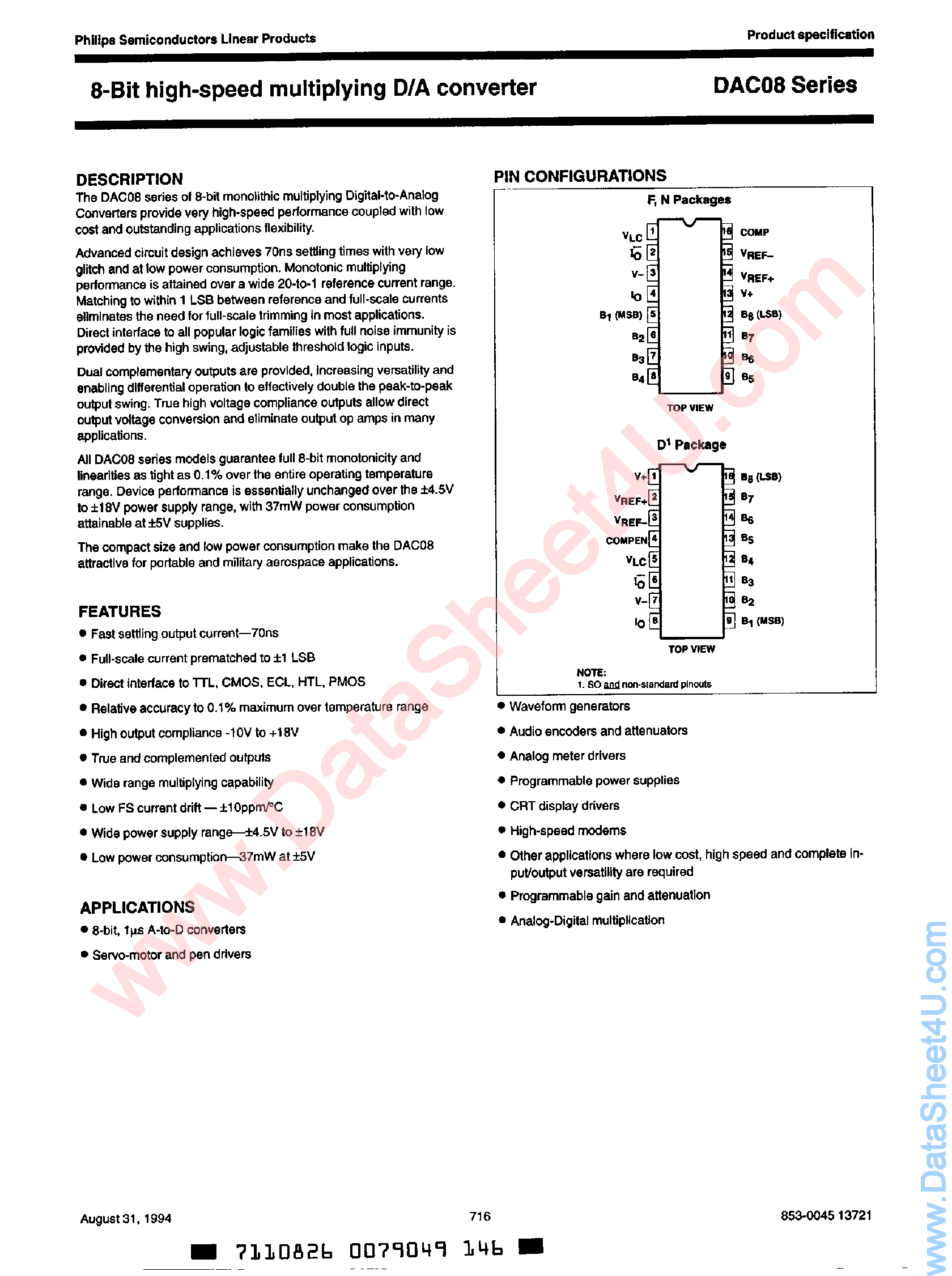 Даташит NE5008 - 8-Bit High Speed Multiplying D/A Converter страница 1
