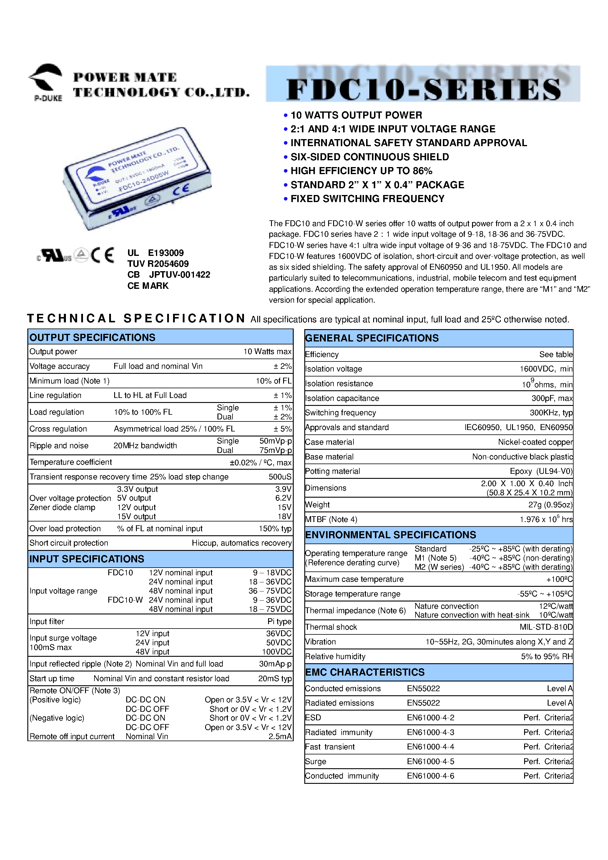 Даташит на микросхему FDC10 страница 1 Даташит FDC10 - 10 watts of output power from a 2 x 1 x 0.4 inch package страница 1