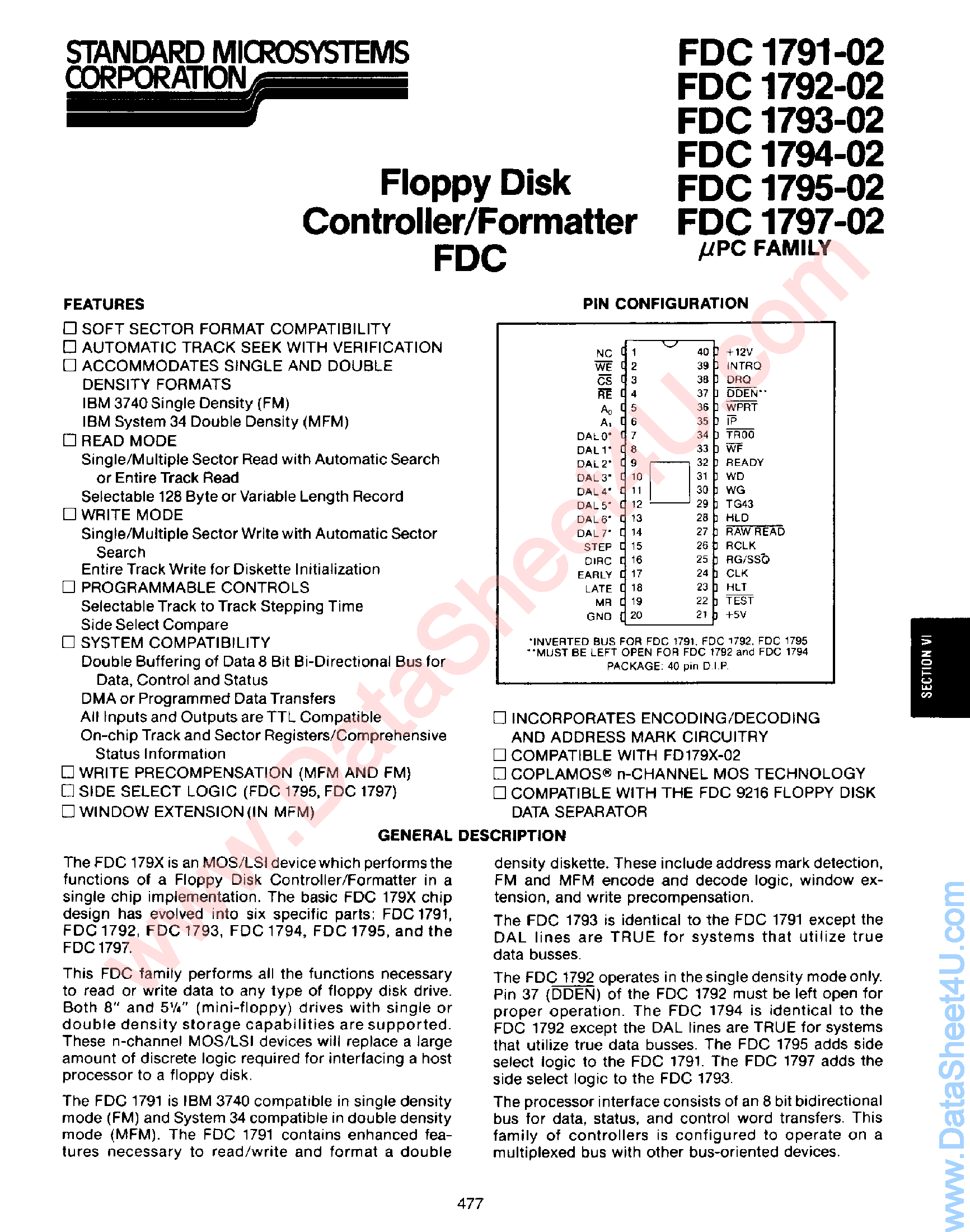 Даташит FDC1791-02 - (FDC179x-02) Floppy Disk Controller / Formatter FDC страница 1