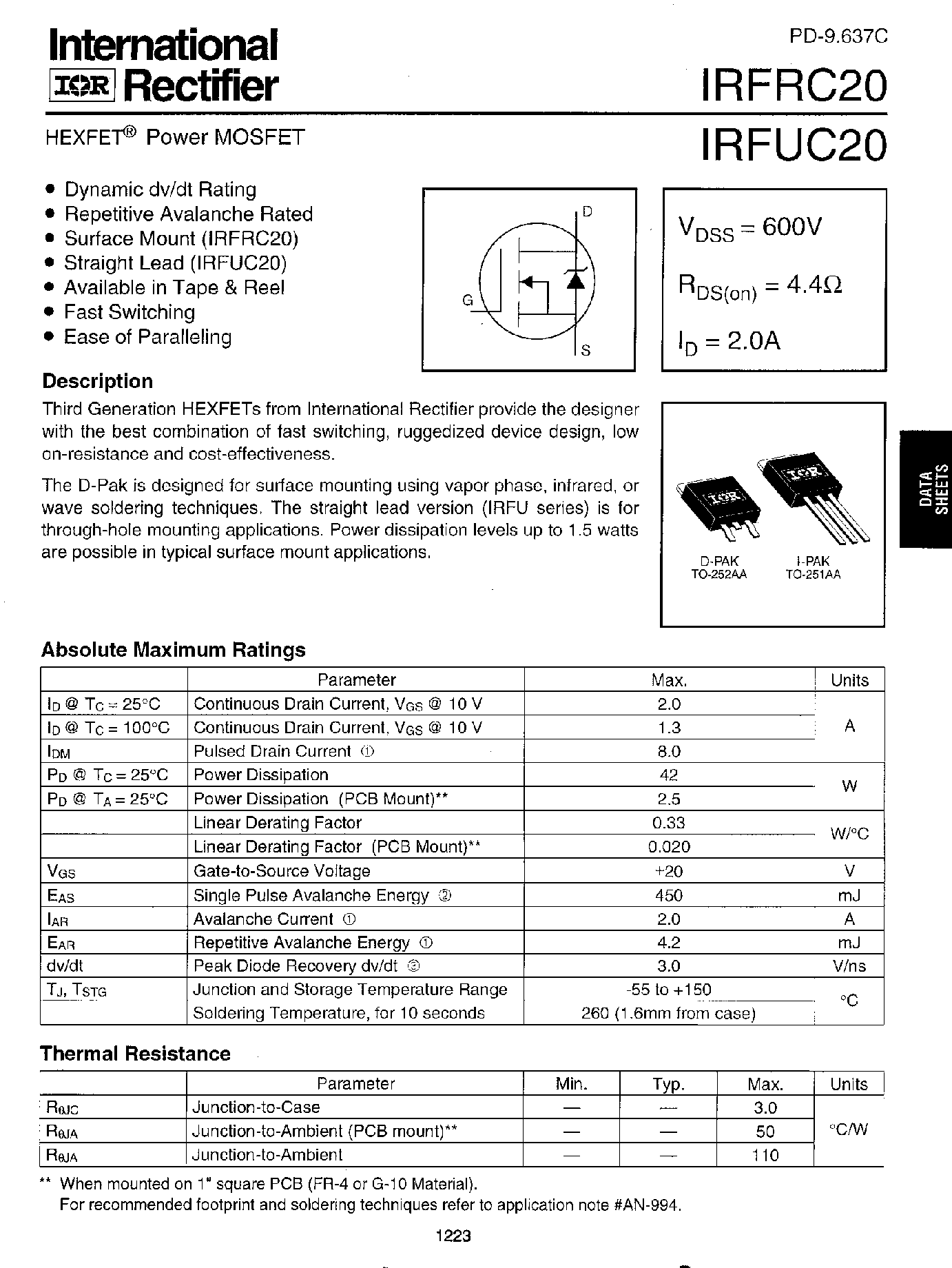 Datasheet IRFRC20 - (IRFRC20 / IRFUC20) Power MOSFET page 1