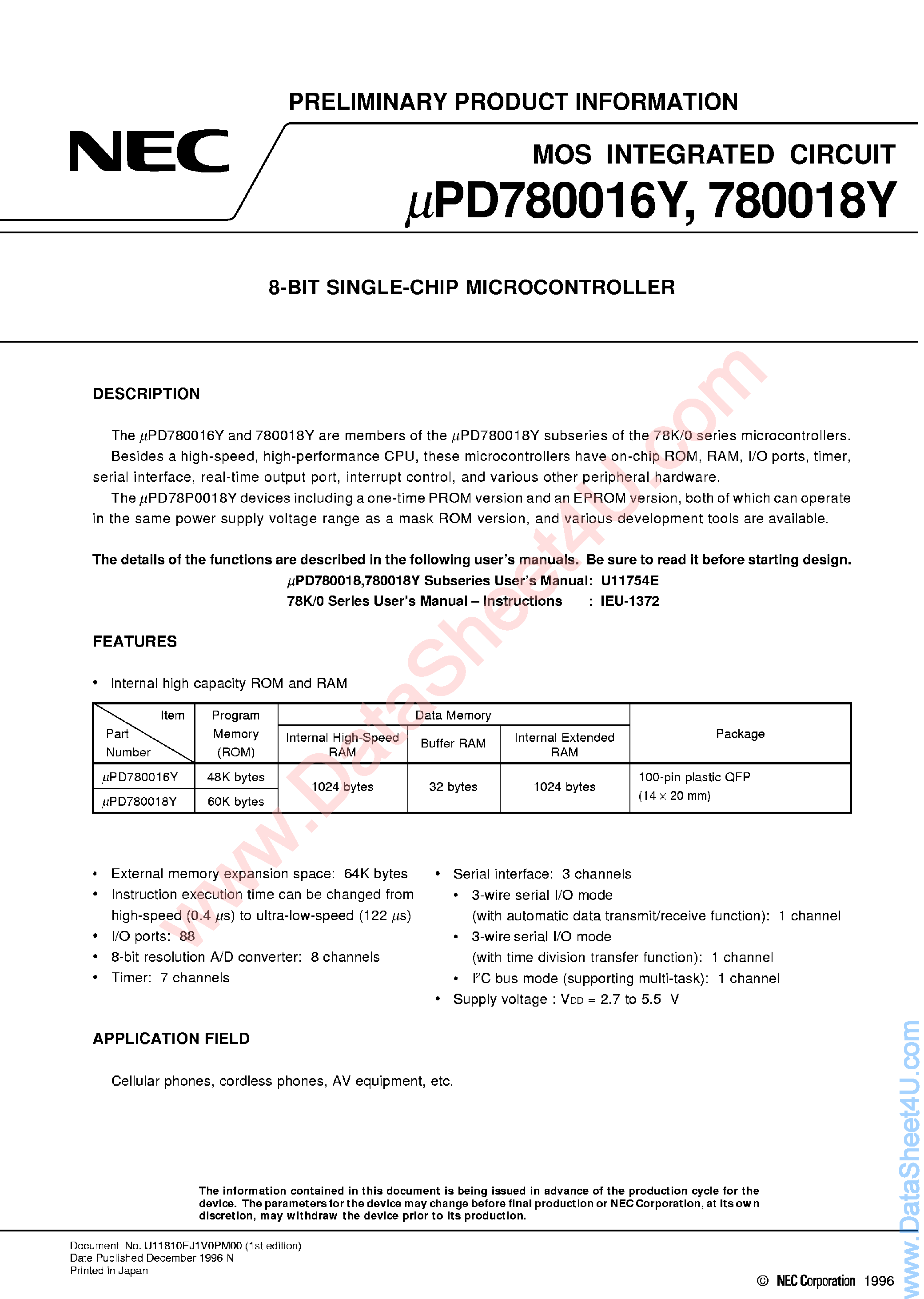 Даташит UPD780016Y - (UPD780016Y / UPD780018Y) 8-Bit Single-Chip Microcontroller страница 1