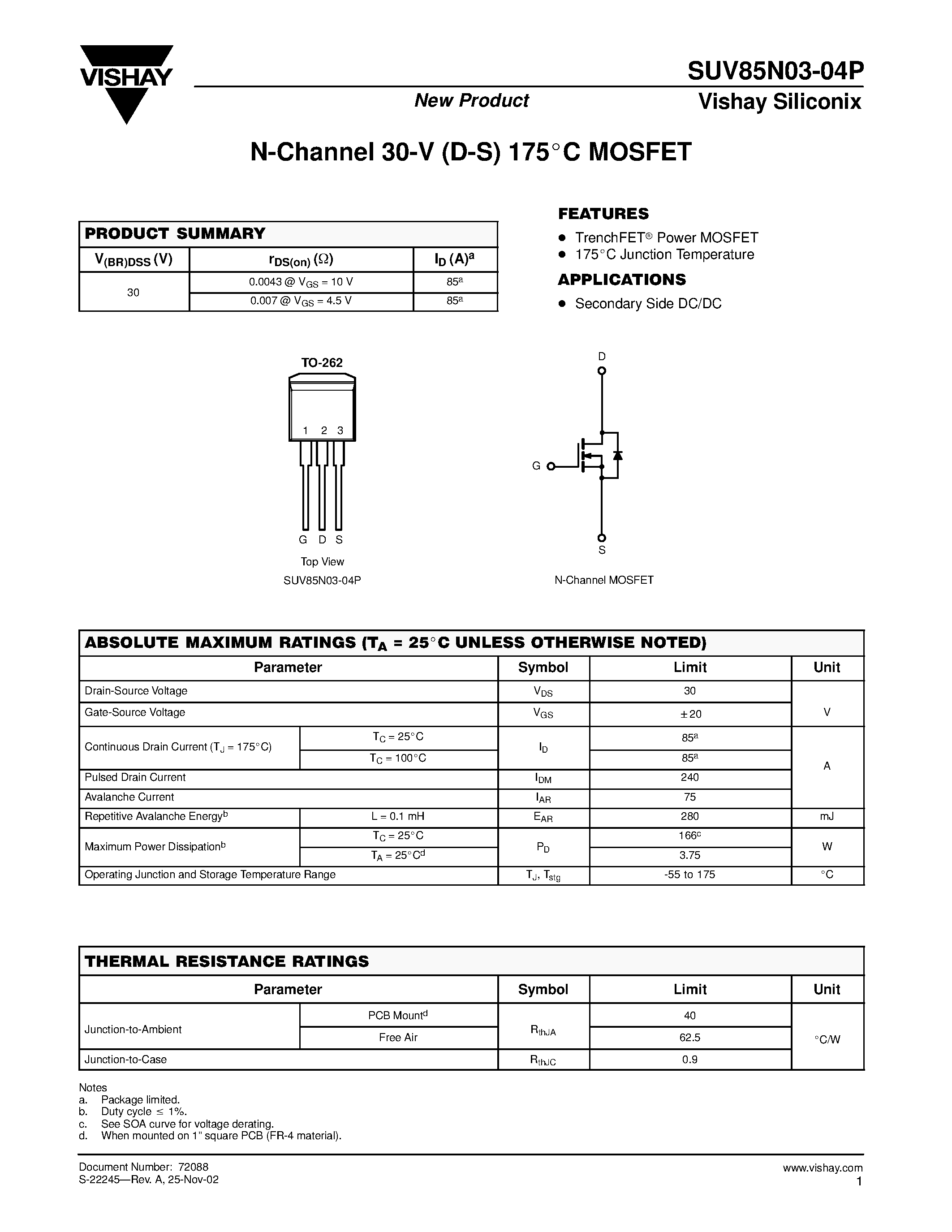 Даташит SUV85N03-04P - N-Channel 30-V (D-S) 175C MOSFET страница 1
