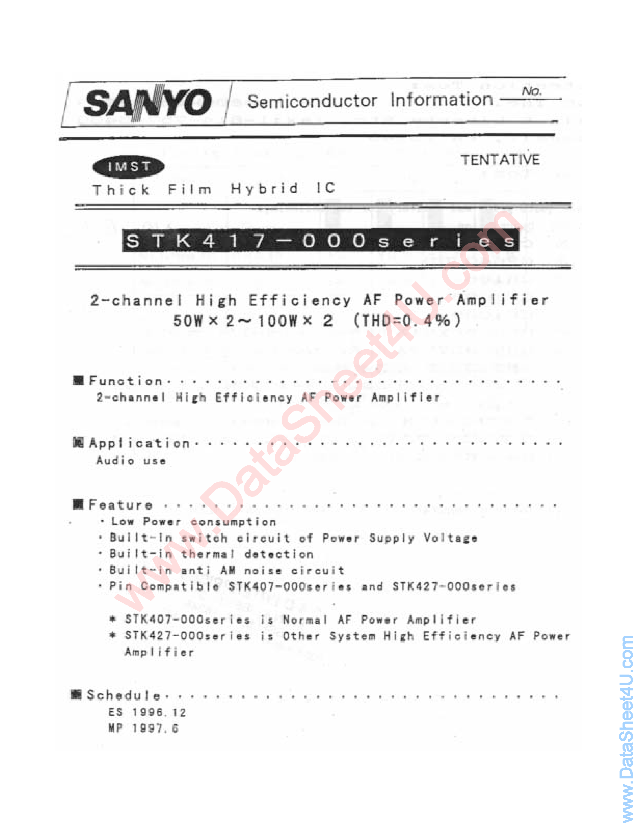 Datasheet STK417-090 - (STK417-000 Series) 2-Channel High Effiency AF Power Amplifier 50W x 2 - 100W X 2 page 1