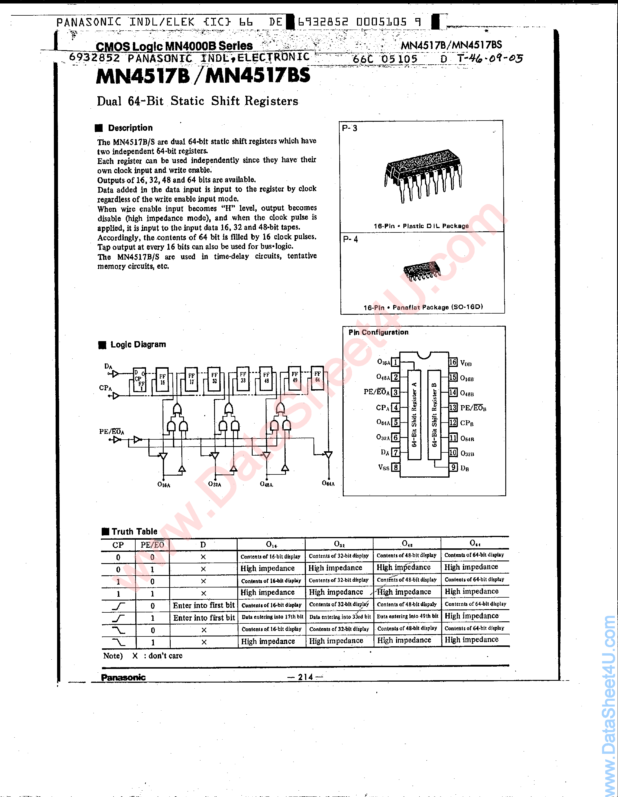Даташит MN4517B - Dual 64-Bit Static Shift Registers страница 1