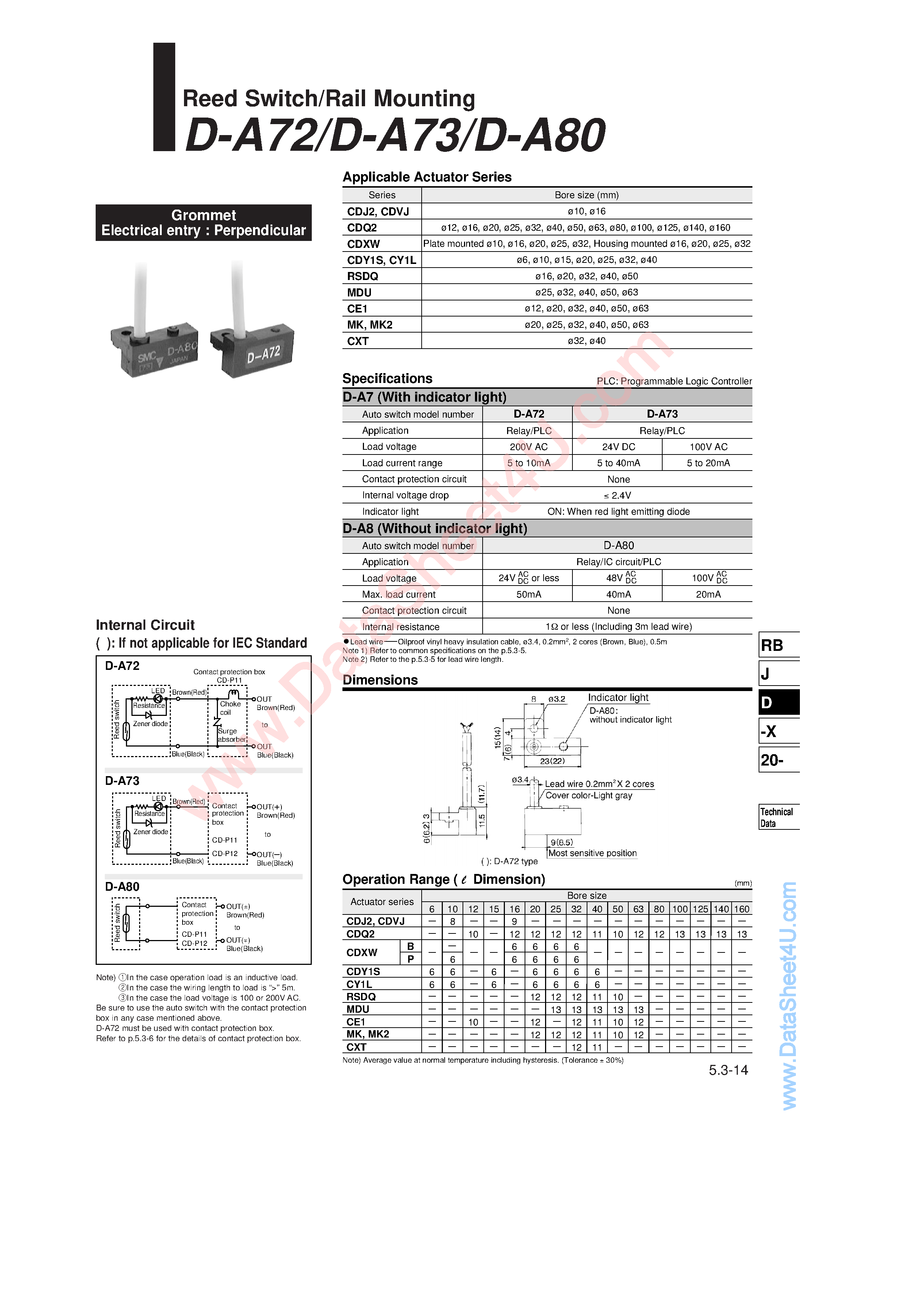 Datasheet D-A72 - (D-A72 / D-A73 / D-A80) Reed Switch / Rail Mounting page 1