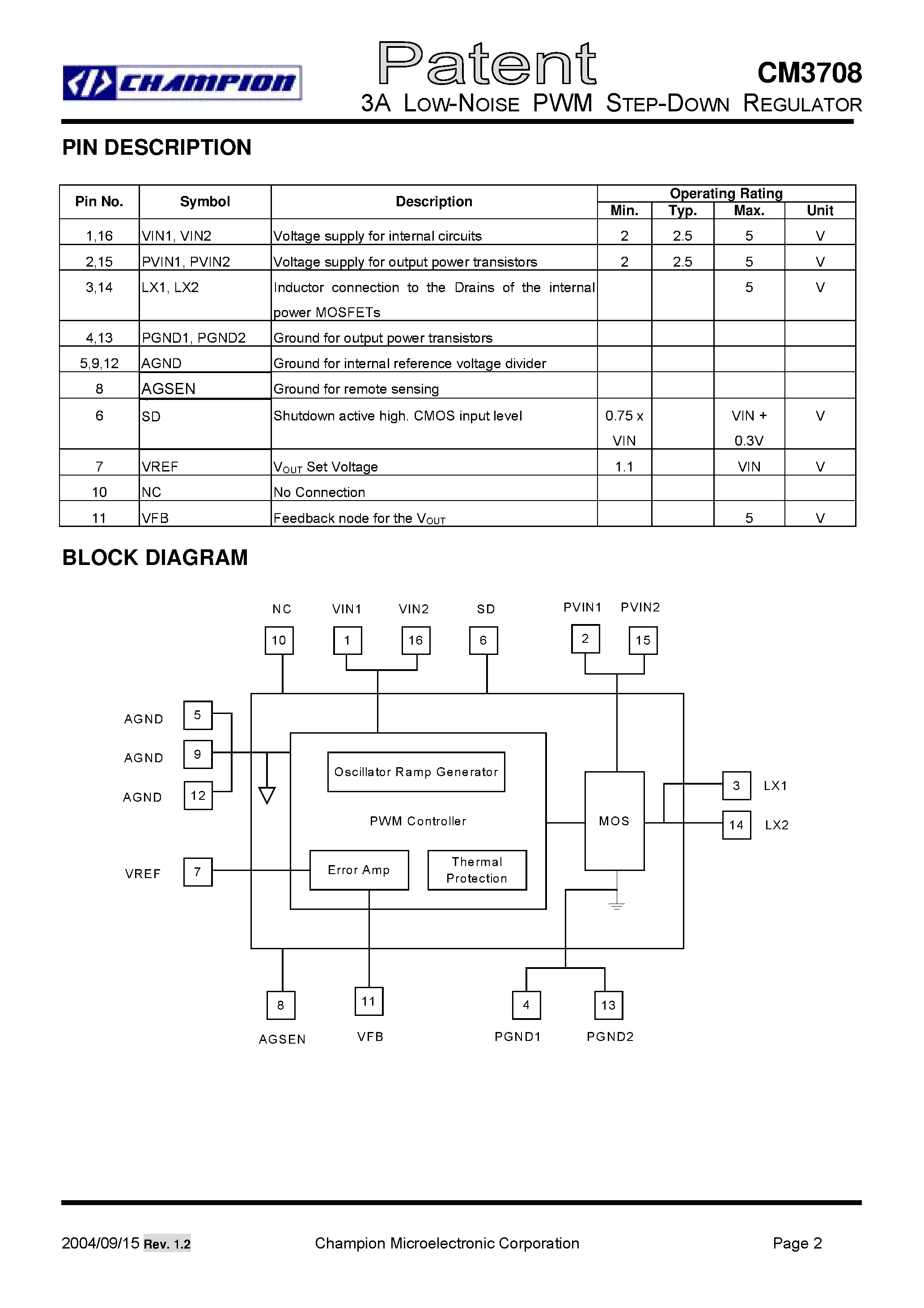 Даташит на микросхему CM3708 страница 2 Даташит CM3708 - 3A LOOW NOISE PWM STEP DOWN REGULATOR страница 2