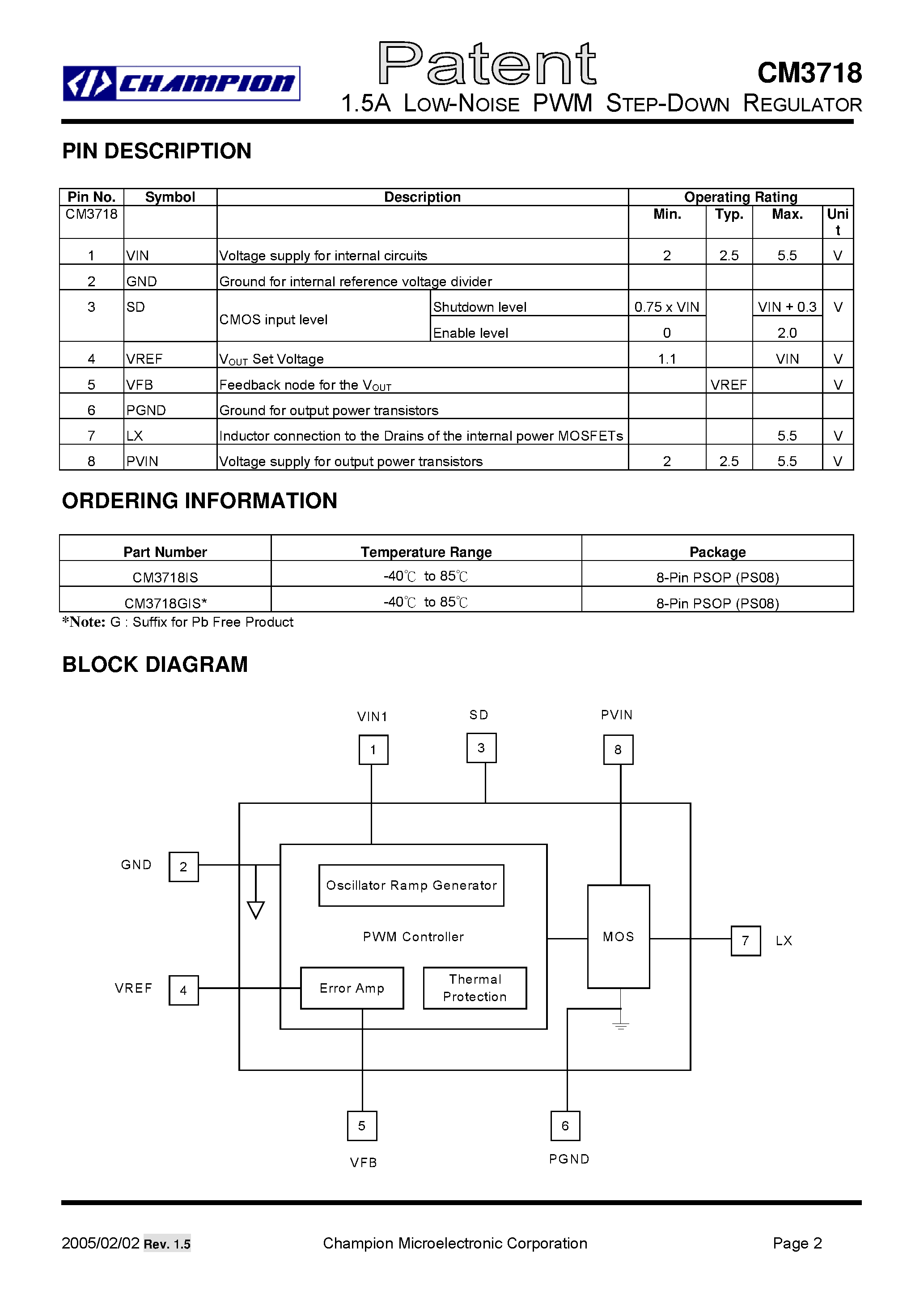 Даташит на микросхему CM3718 страница 2 Даташит CM3718 - 1.5A LOW NOISE PWM STEP DOWN REGULATOR страница 2