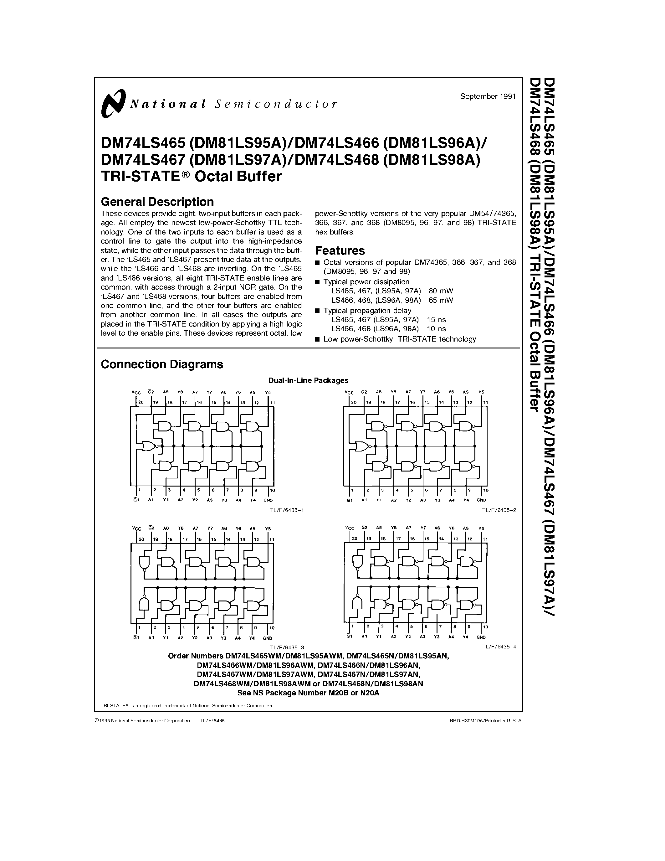 Datasheet DM74LS465 page 1 Datasheet DM74LS465 - (DM74LS465 - DM74LS468) TRI-STATE Octal Buffer page 1