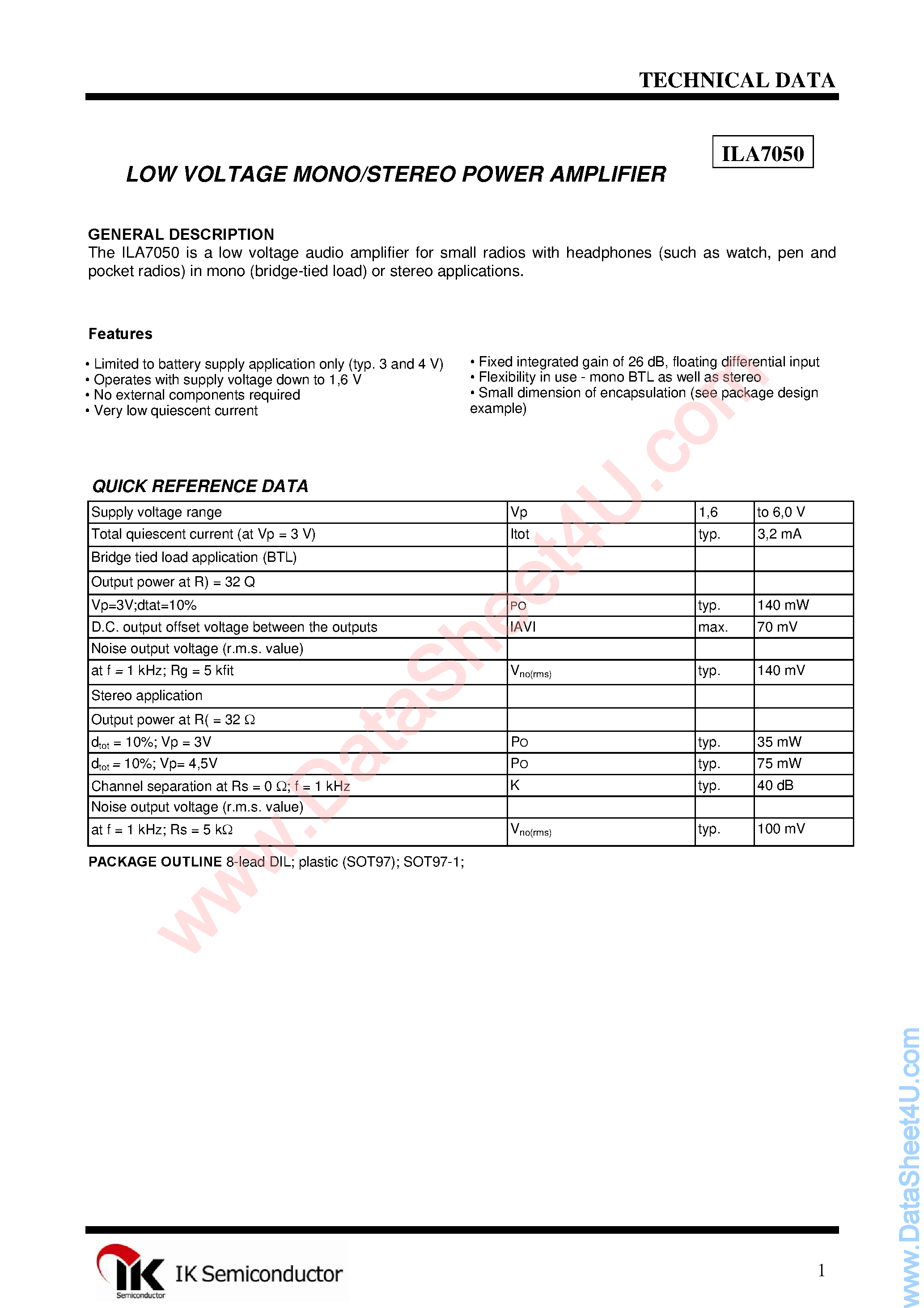 Даташит ILA7050 - Mono/Stereo BTL страница 1