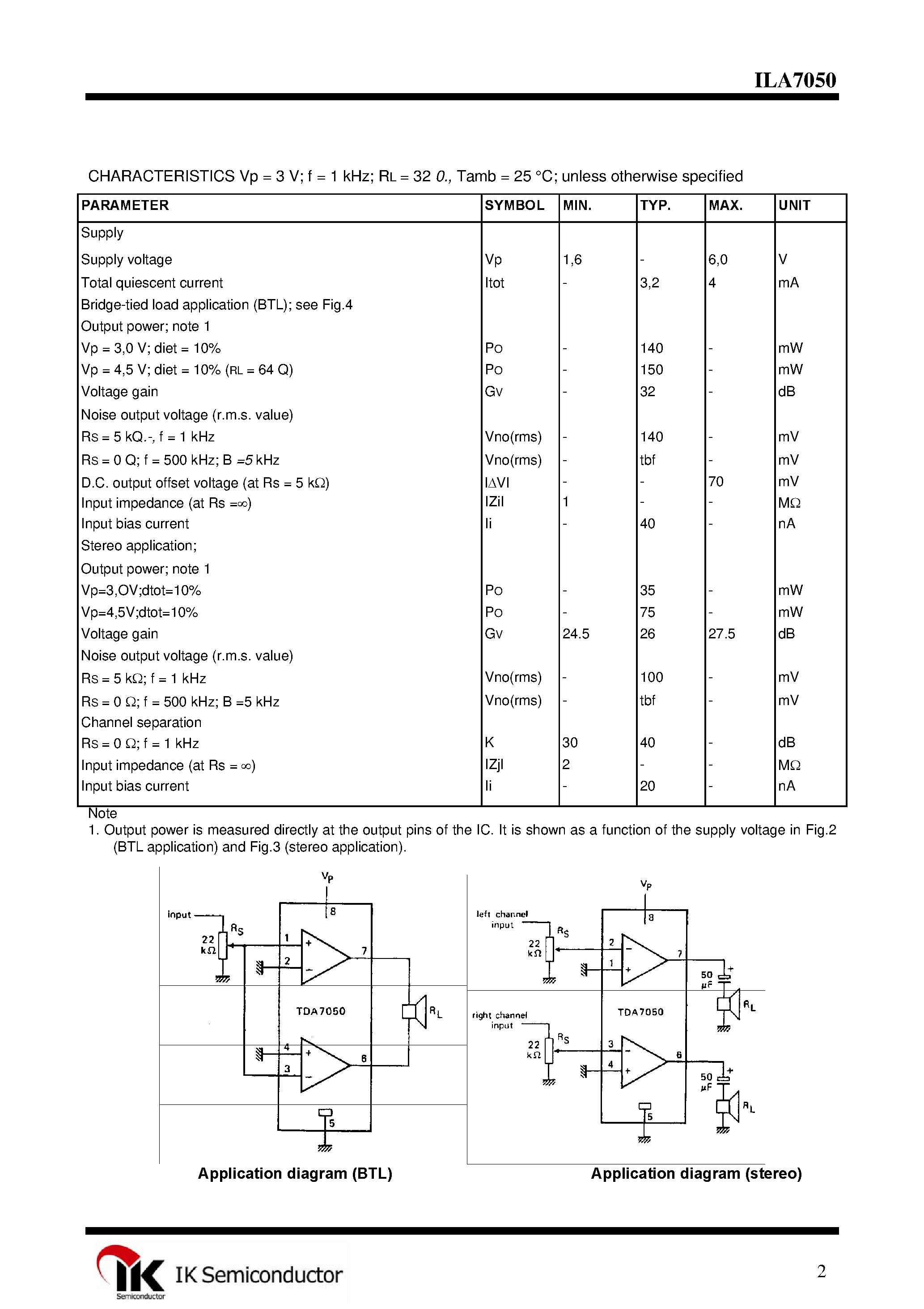Даташит ILA7050 - Mono/Stereo BTL страница 2