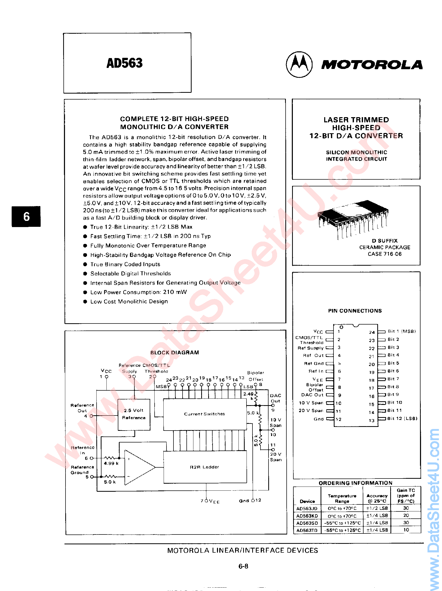 Даташит AD563 - Laser Trimmed High Speed 12-Bit D/A Converter страница 1