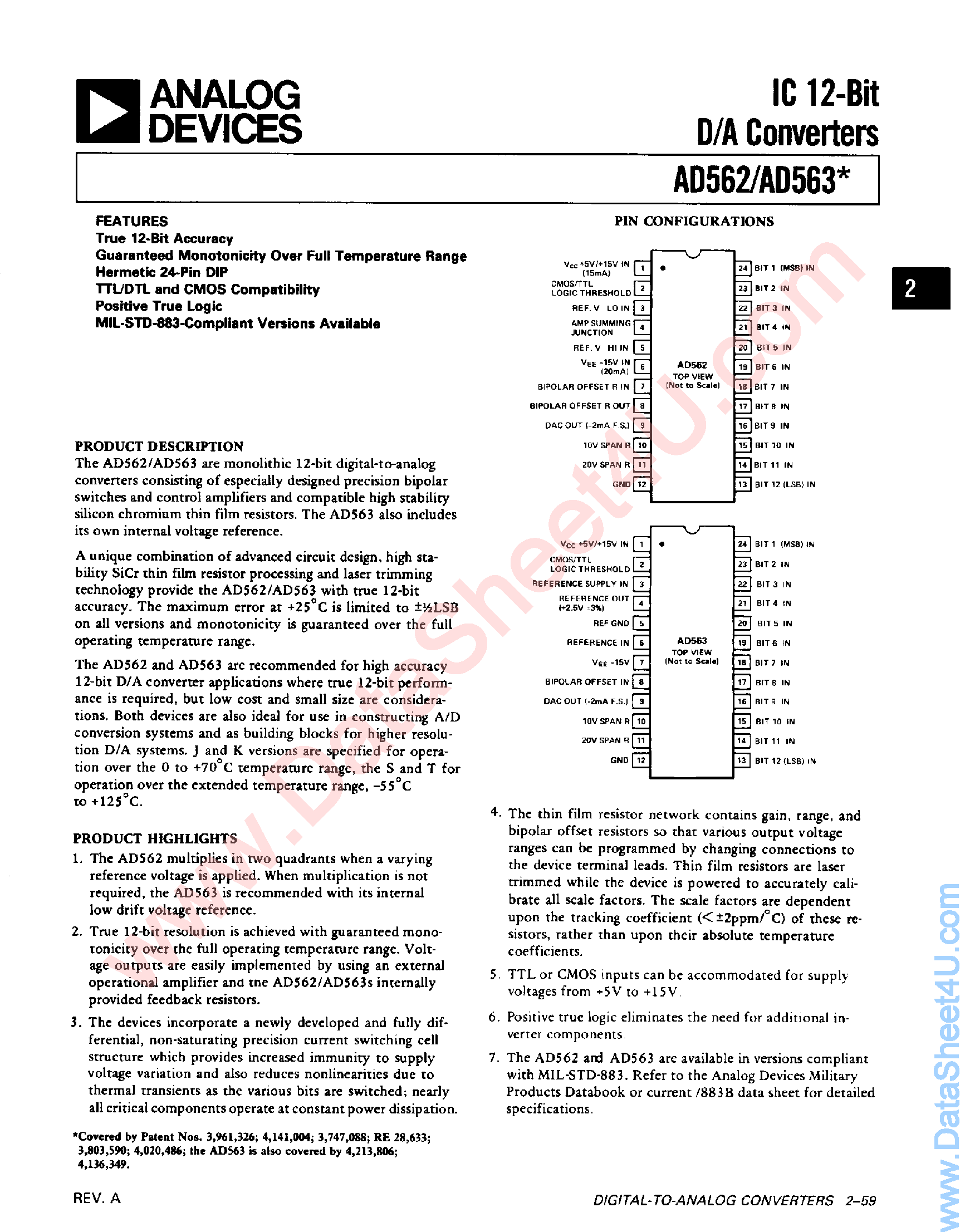 Datasheet AD562 - (AD562 / AD563) 12-Bit D/A Converter page 1