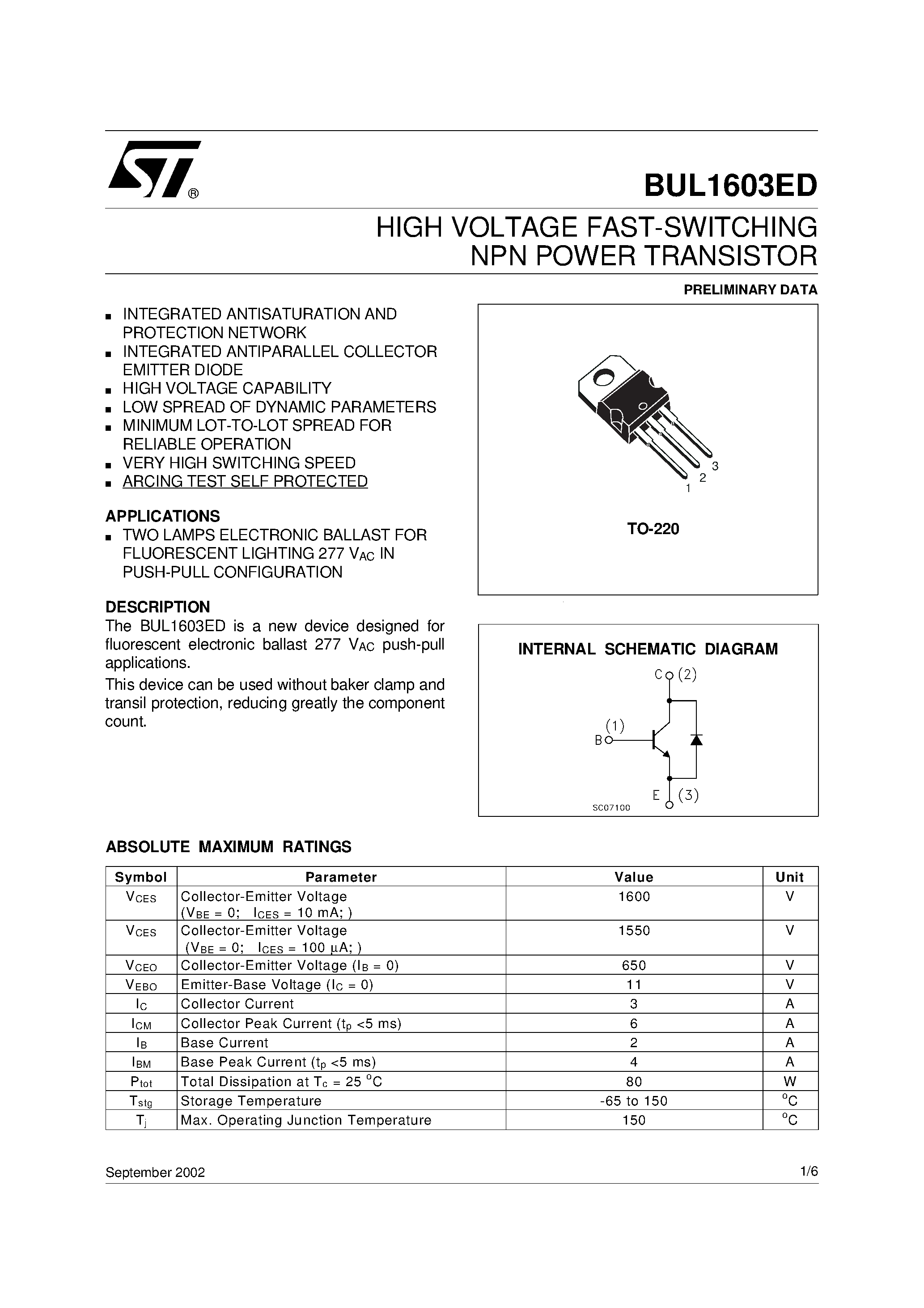 Даташит на микросхему BUL1603ED страница 1 Даташит BUL1603ED - HIGH VOLTAGE FAST-SWITCHING NPN POWER TRANSISTOR страница 1