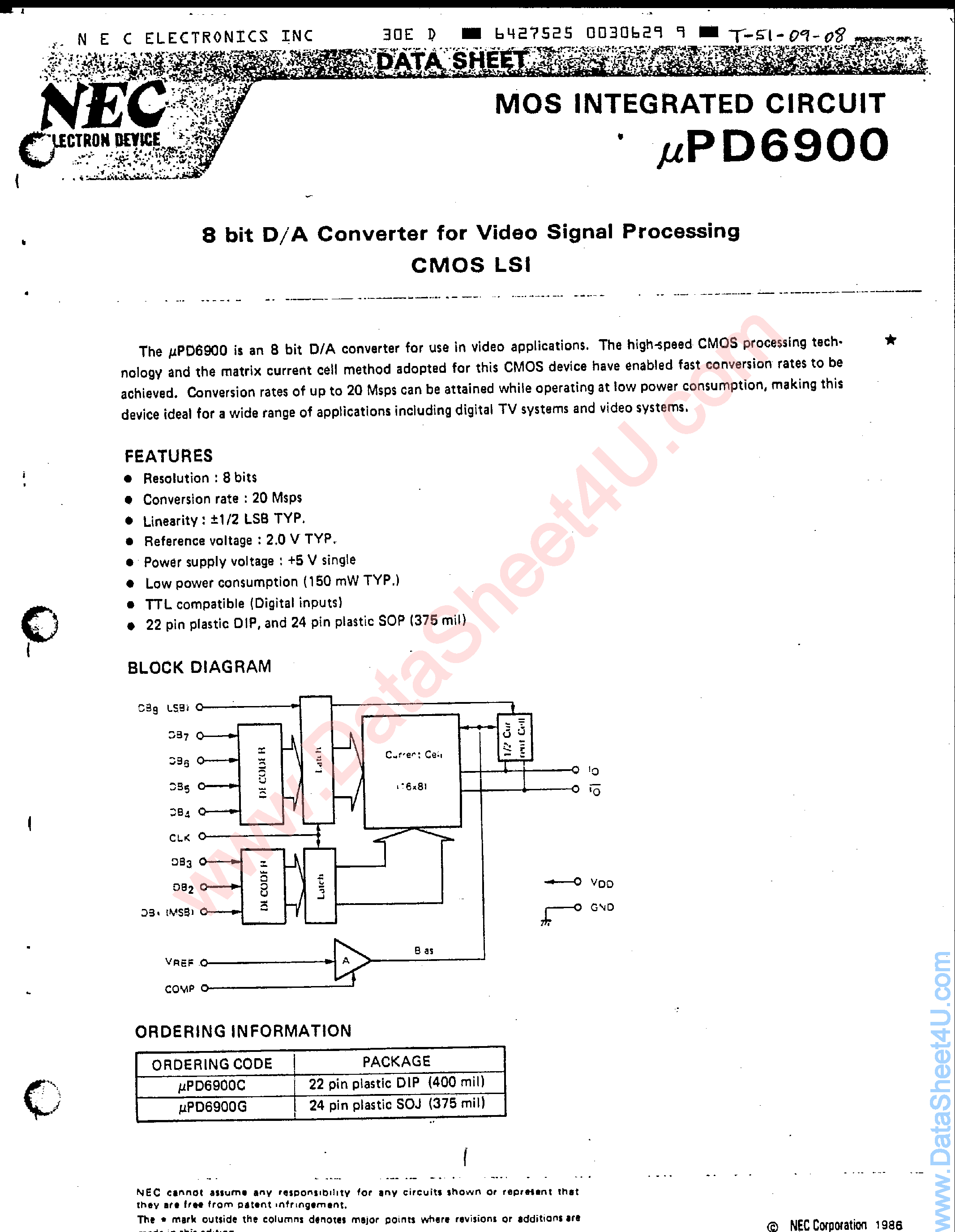 Даташит UPD6900G - 8-Bit D/A Converter страница 1