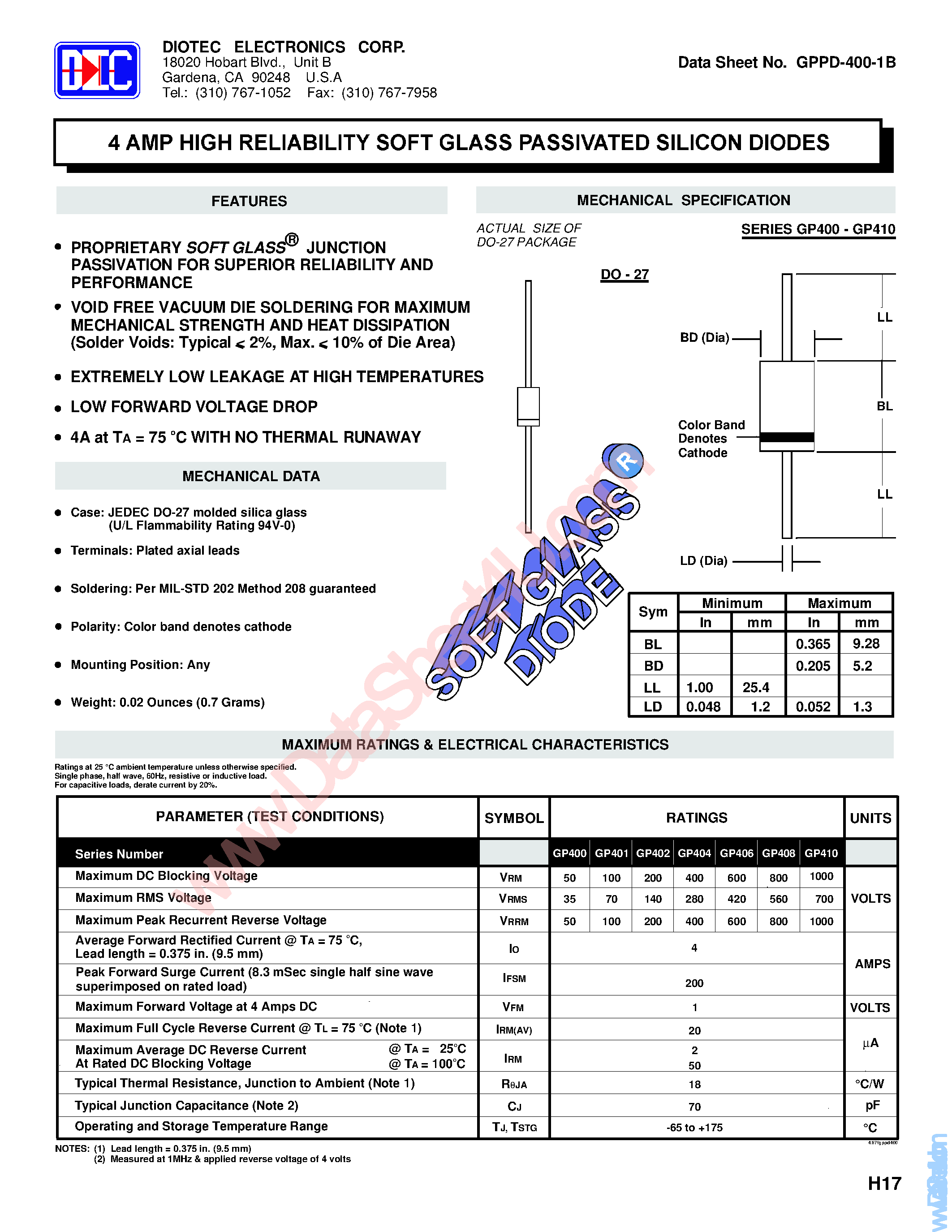 Datasheet PF6HZ - 4 Amp High Reliability Soft Glass Passivated Silicon Diodes page 1