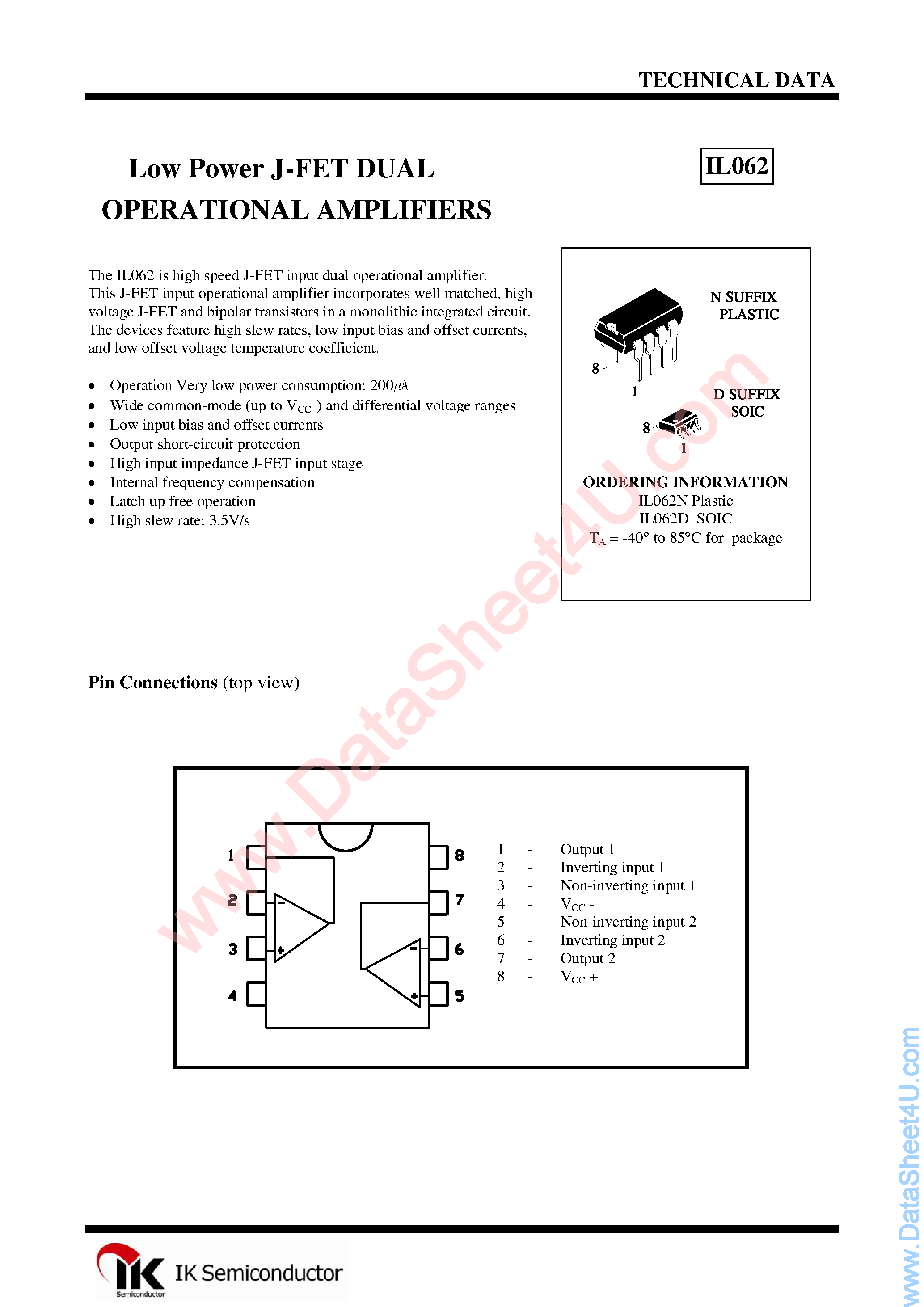 Datasheet IL062 - Low Power J-FET DUAL OPERATIONAL AMPLIFIERS page 1