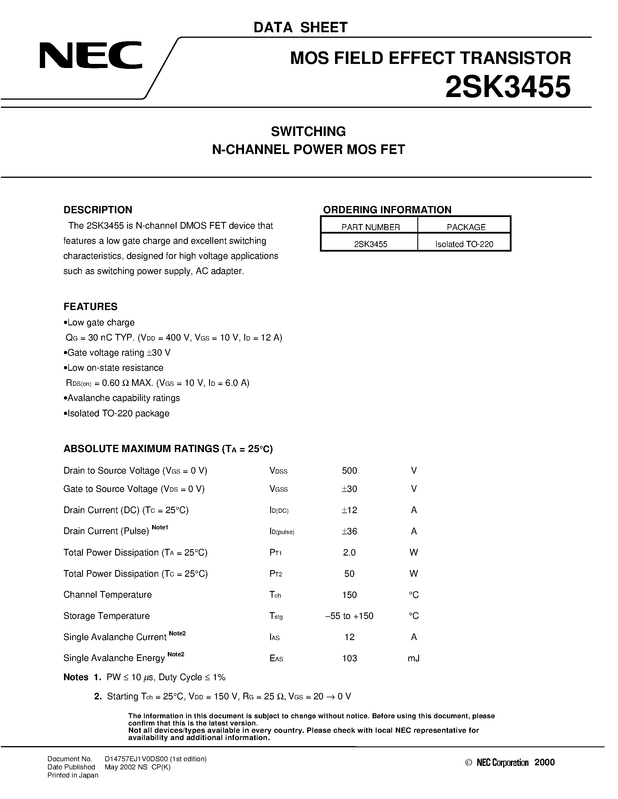 Datasheet 2SK3455 - SWITCHING N-CHANNEL POWER MOSFET page 1