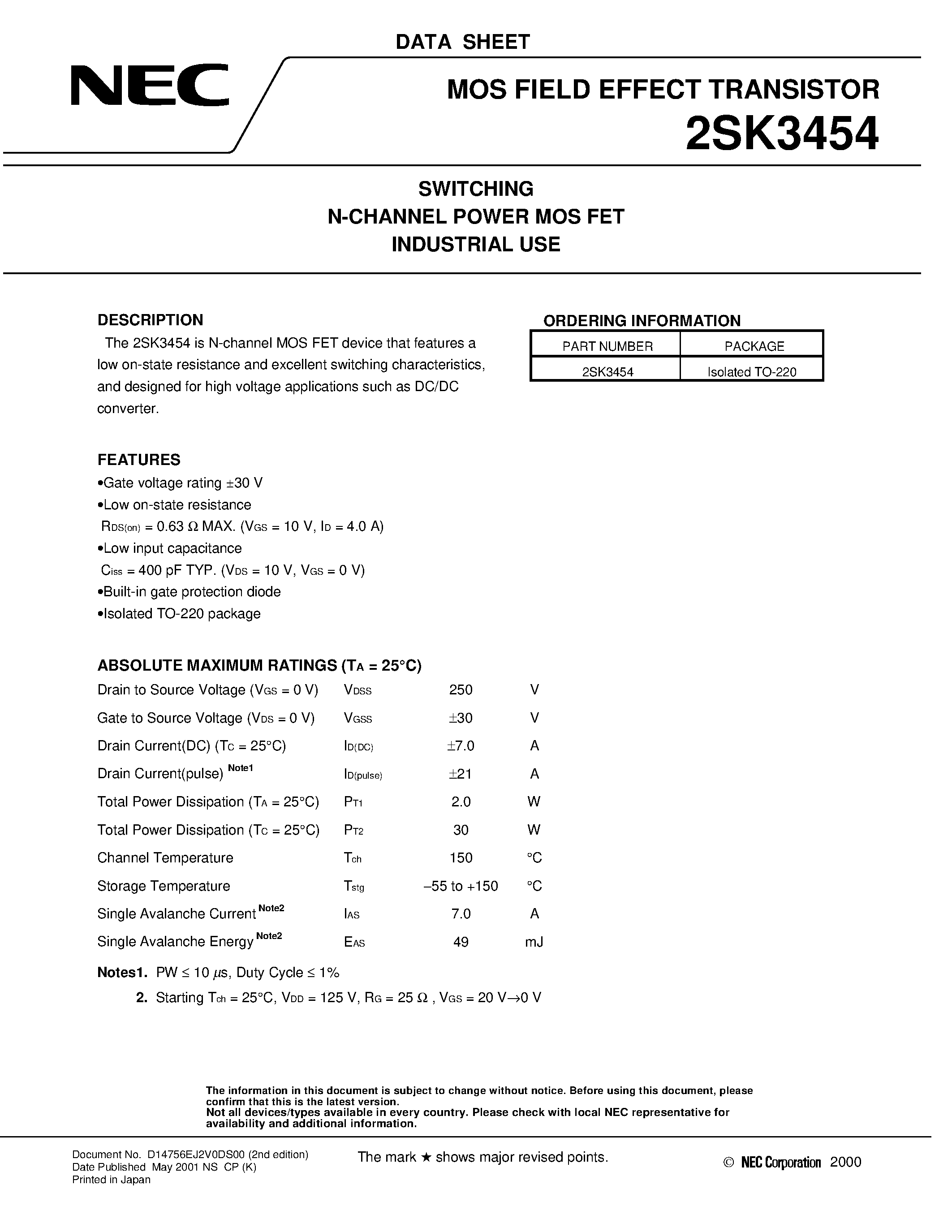 Datasheet 2SK3454 - SWITCHING N-CHANNEL POWER MOSFET INDUSTRIAL USE page 1