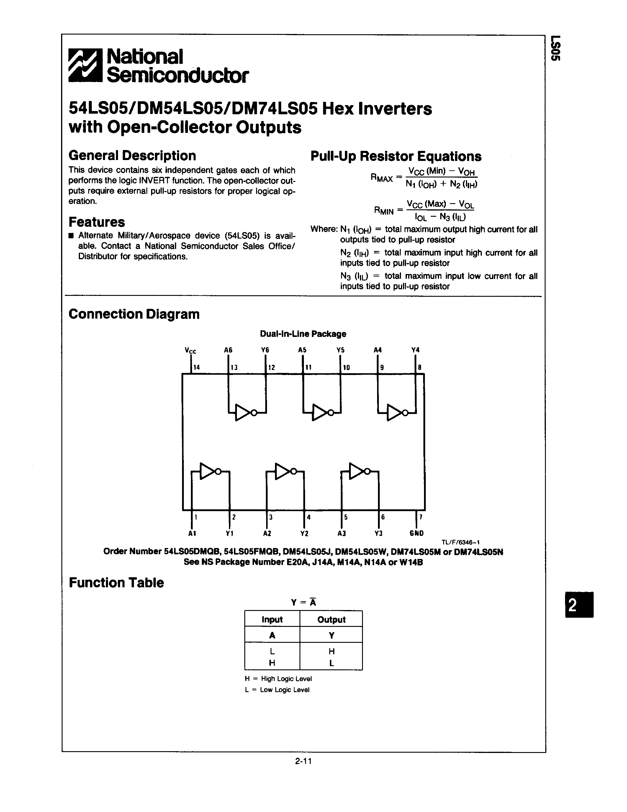 Datasheet 54LS05 - HEX INVERTERS WITH OPEN-COLLECTOR OUTPUTS page 1