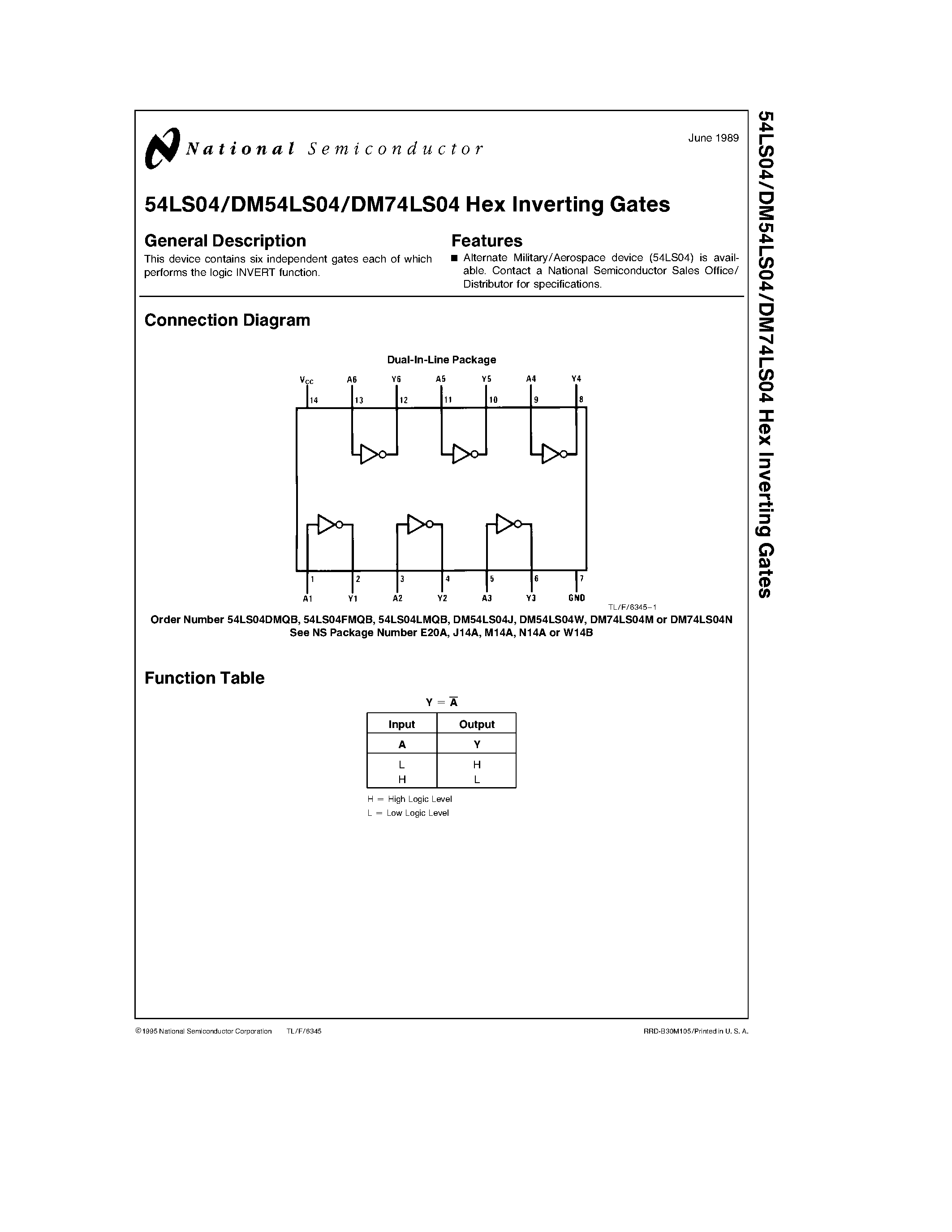 Datasheet 54LS04 - Hex Inverting Gates page 1
