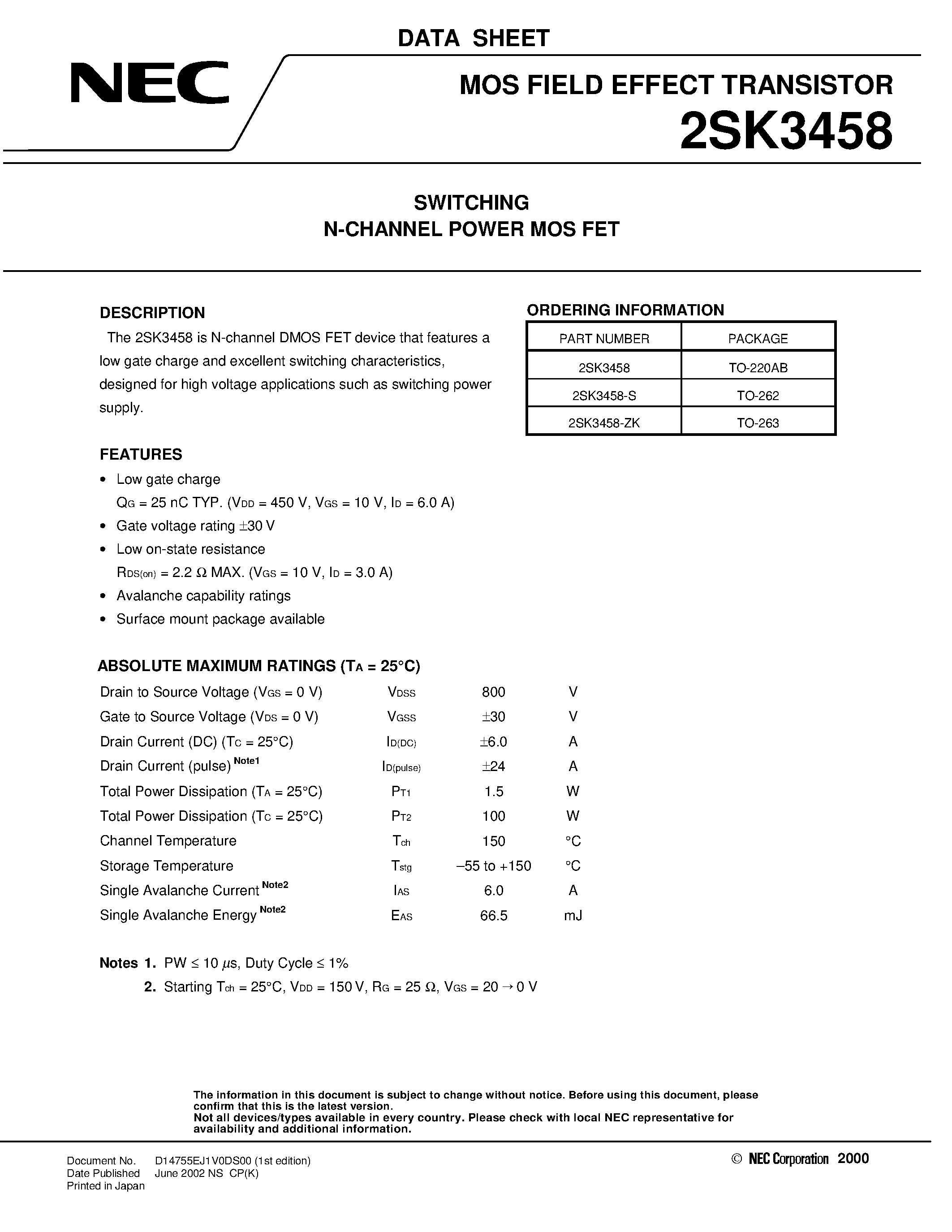 Datasheet 2SK3458 - SWITCHING N-CHANNEL POWER MOSFET page 1