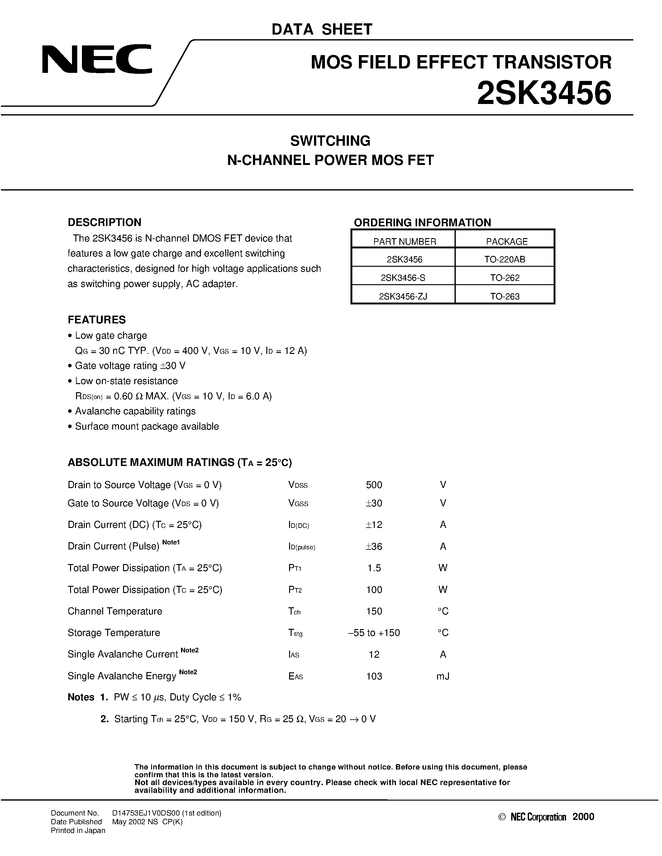 Datasheet 2SK3456 - SWITCHING N-CHANNEL POWER MOSFET page 1