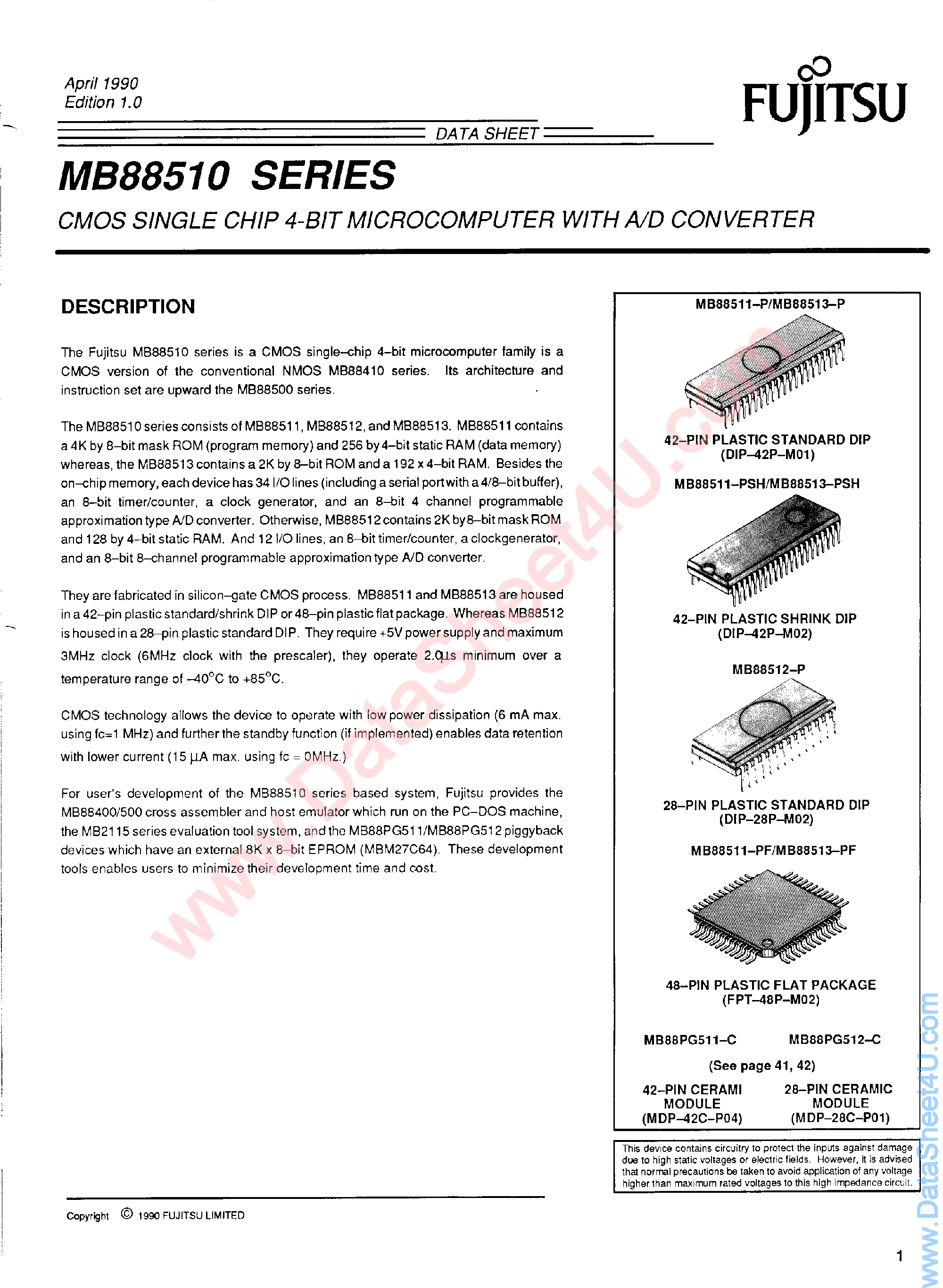 Datasheet MB88510 - (MB88510 Series) CMOS Single Chip 4-Bit Microcomputer page 1