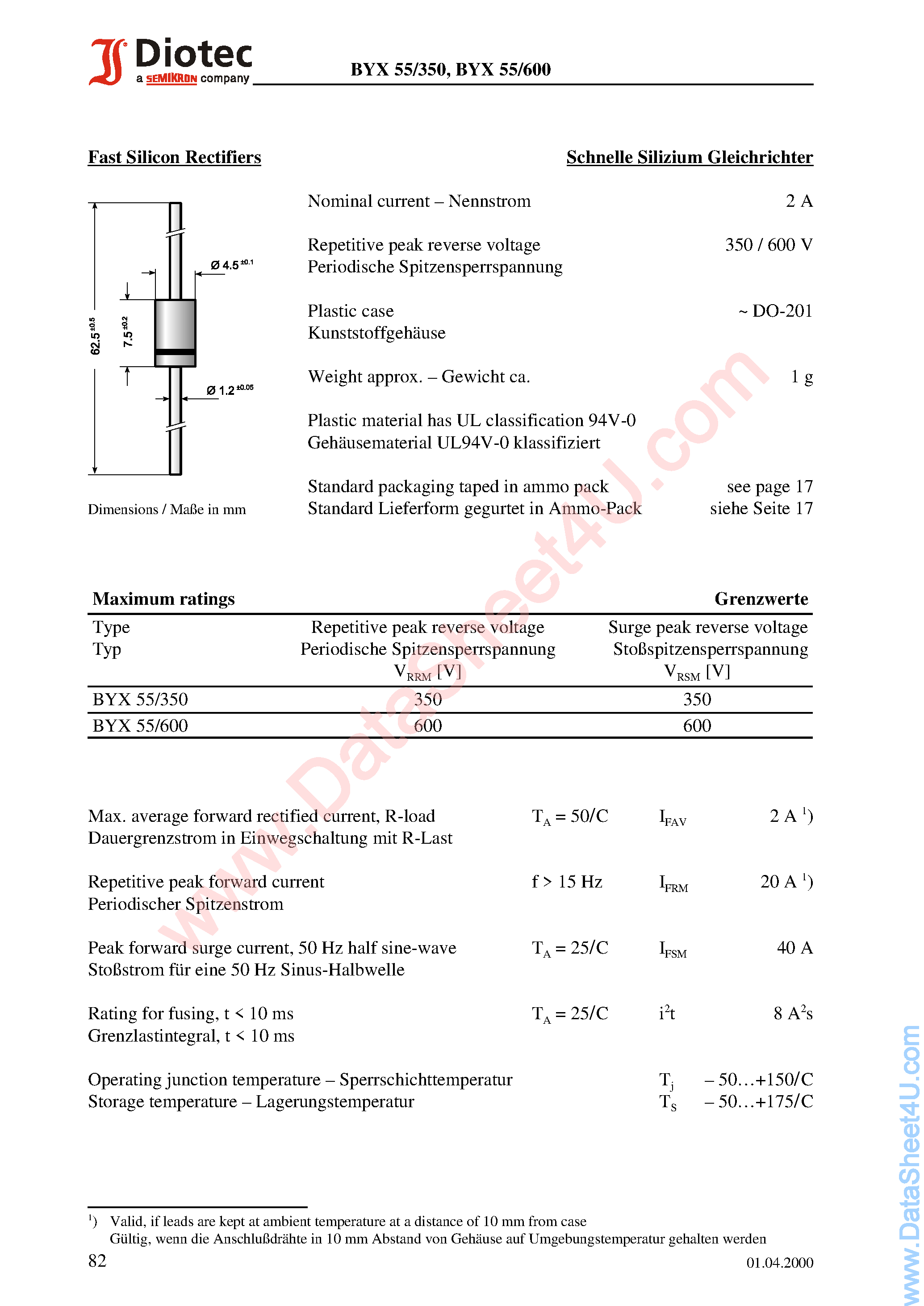 Datasheet BYX55/350 page 1 Datasheet BYX55/350 - (BYX55/350 / BYX55/600) Fast Silicon Rectifiers page 1
