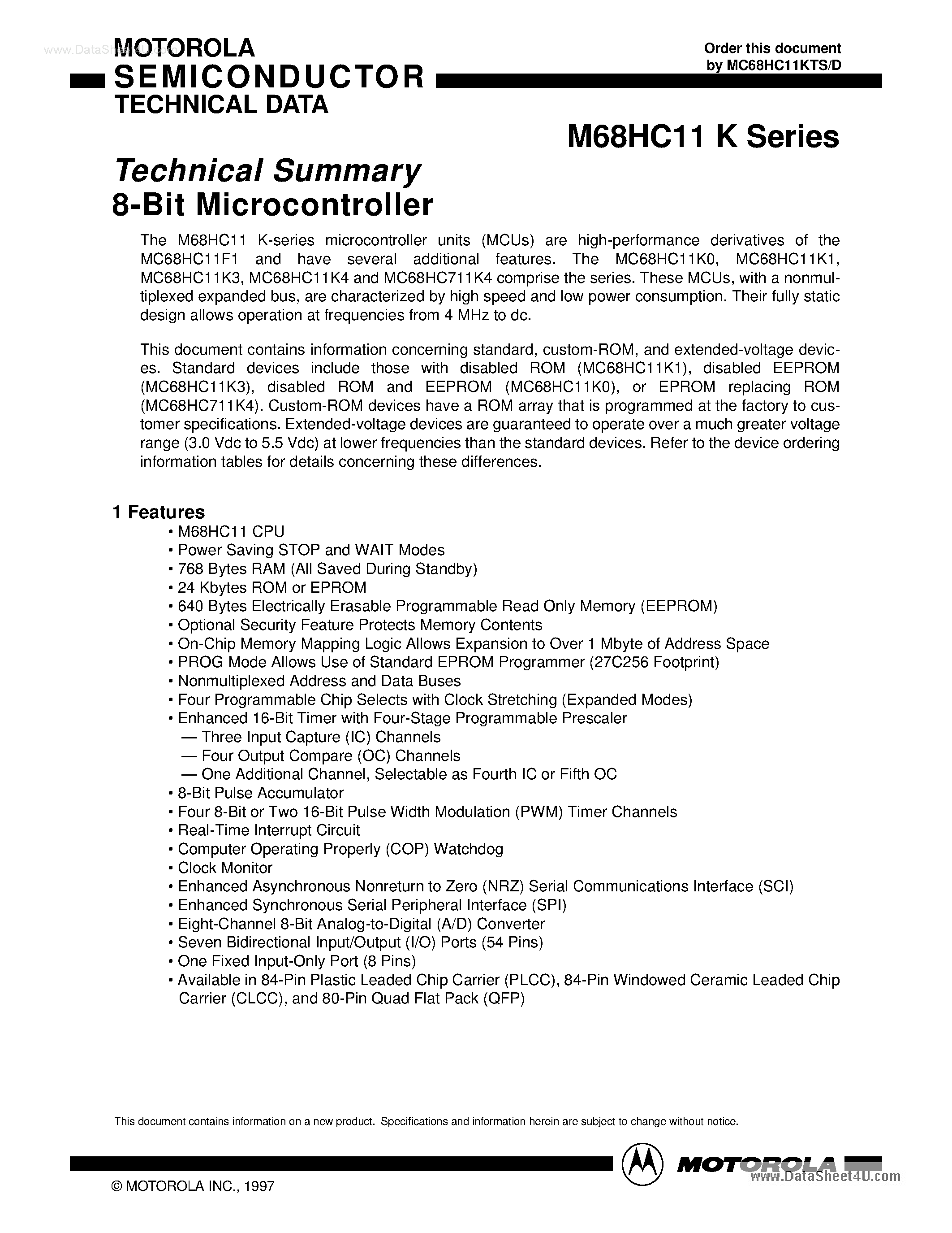 Datasheet 68HC11K4 - Search -----> MC68HC11K4 page 1