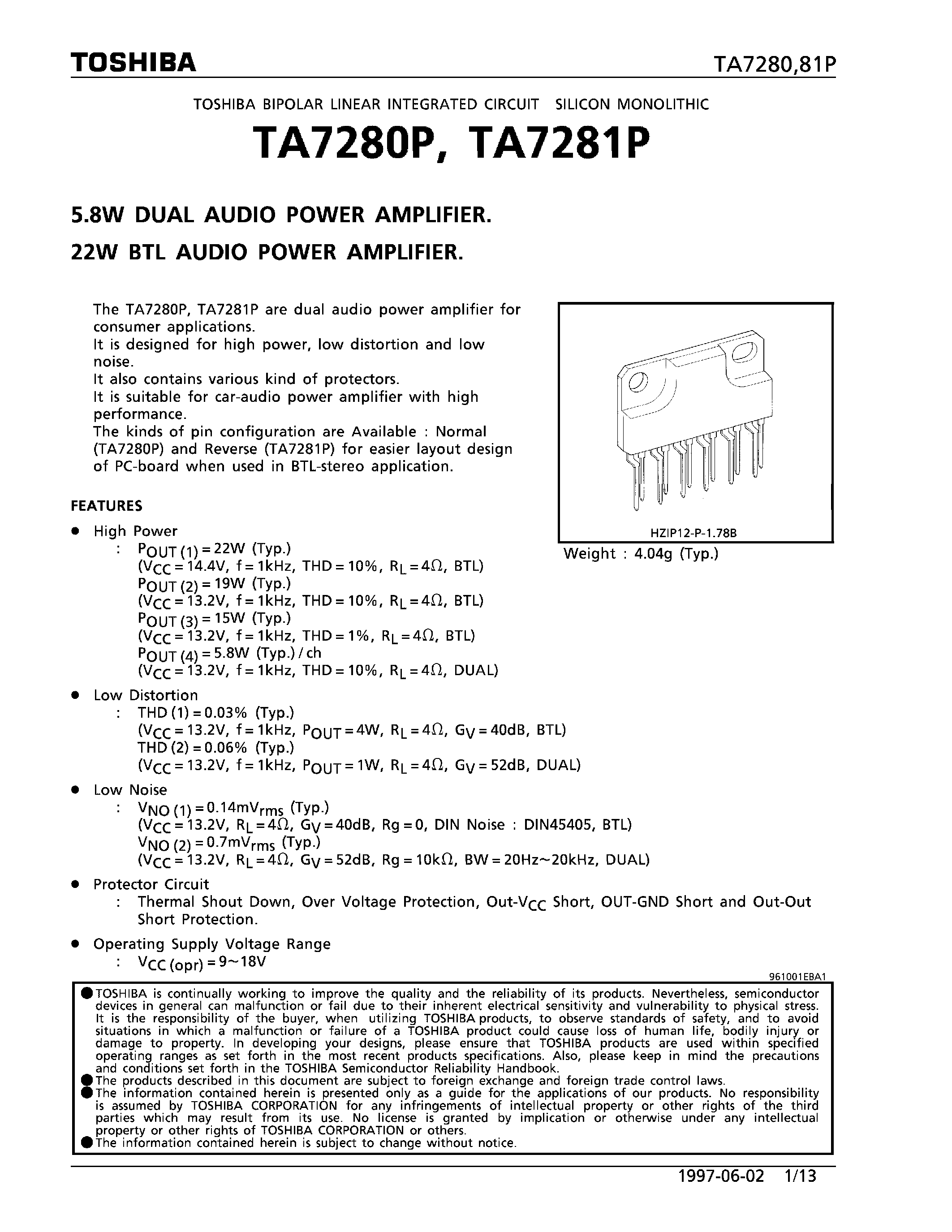 Datasheet TA7280 - (TA7280P / TA7281P) 5.8W DUAL / 22W BTL AUDIO POWER AMPLIFIER page 1