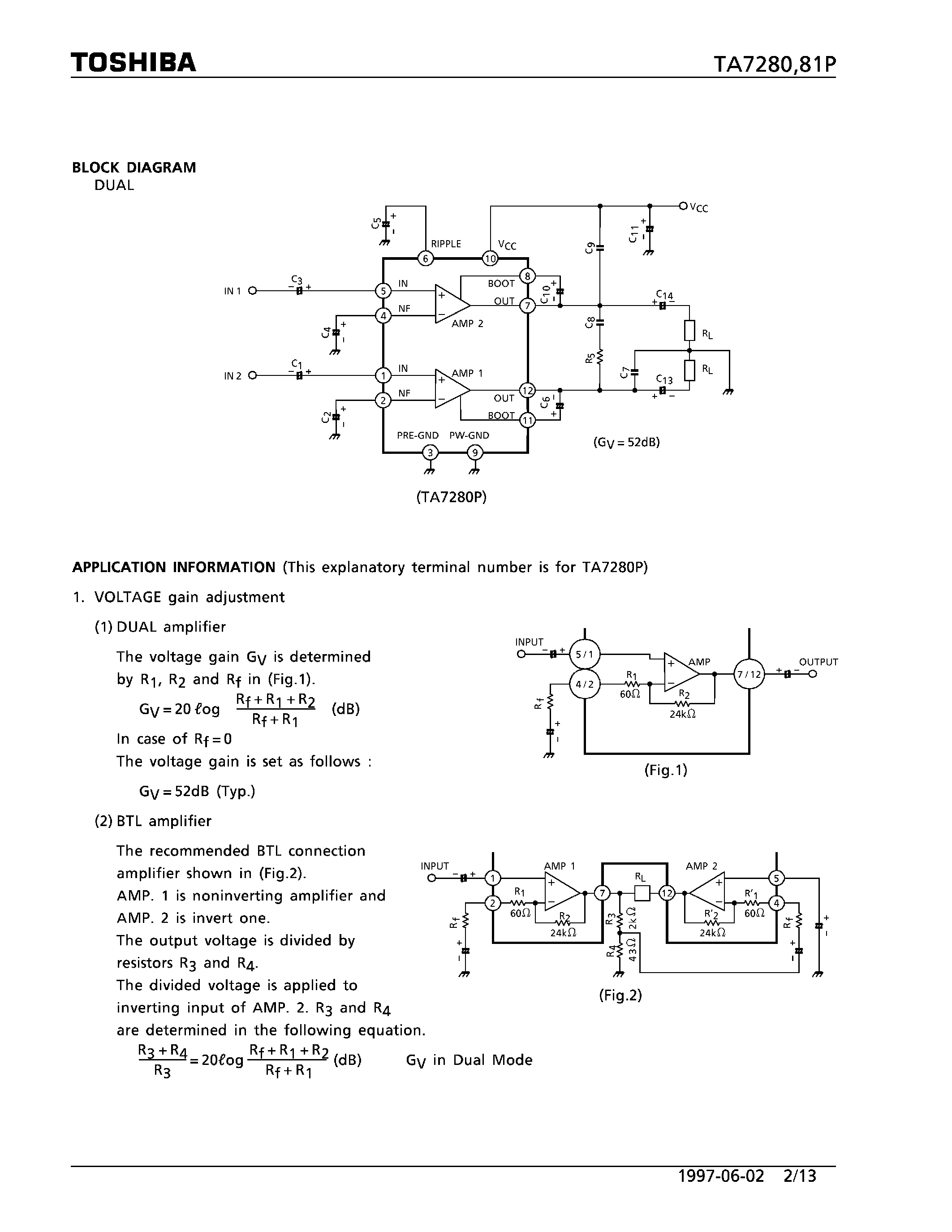 Datasheet TA7280 - (TA7280P / TA7281P) 5.8W DUAL / 22W BTL AUDIO POWER AMPLIFIER page 2