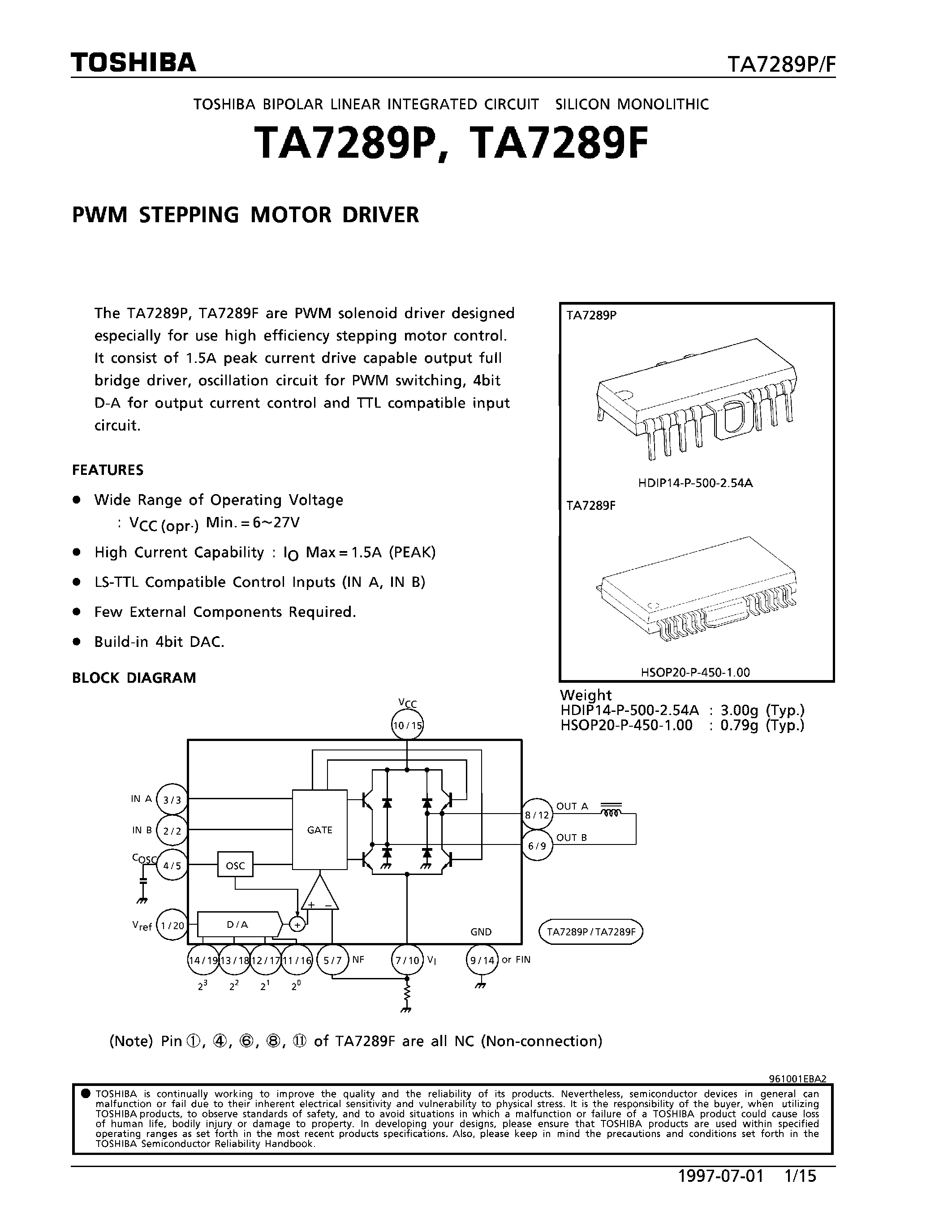 Даташит TA7289F - PWM STEPPING MOTOR DRIVER страница 1