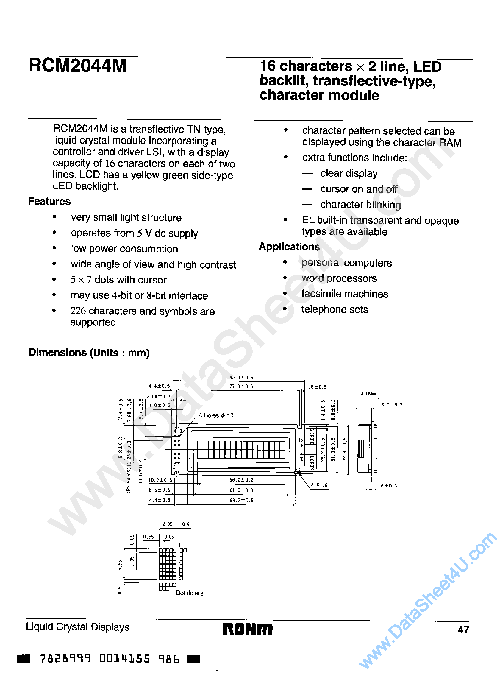 Datasheet RCM2044M - 16 x 2 Line / LED Backlit / Character Module page 1