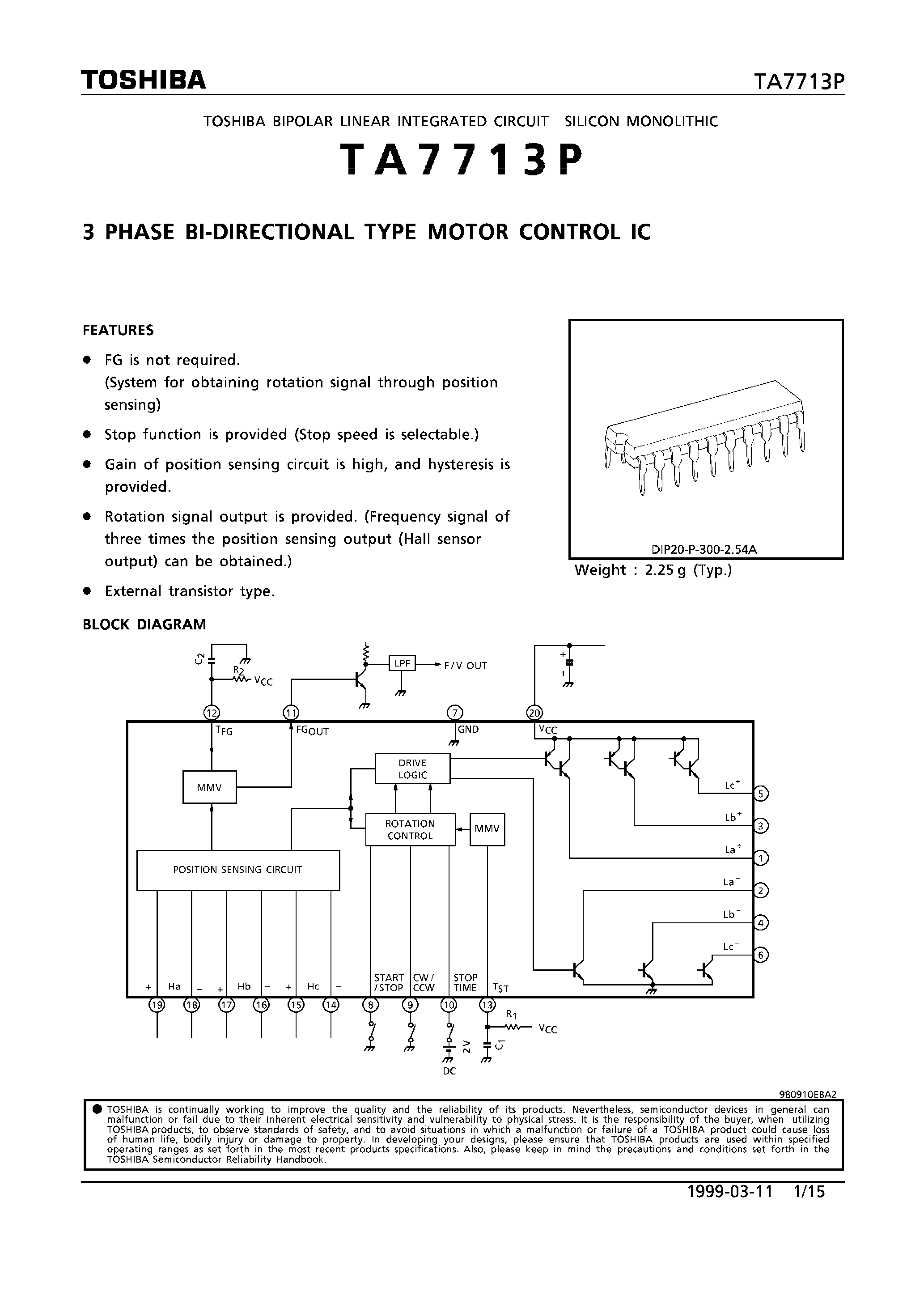 Datasheet TA7713P - 3 PHASE BI-DIRECTIONAL TYPE MOTOR CONTROL IC page 1