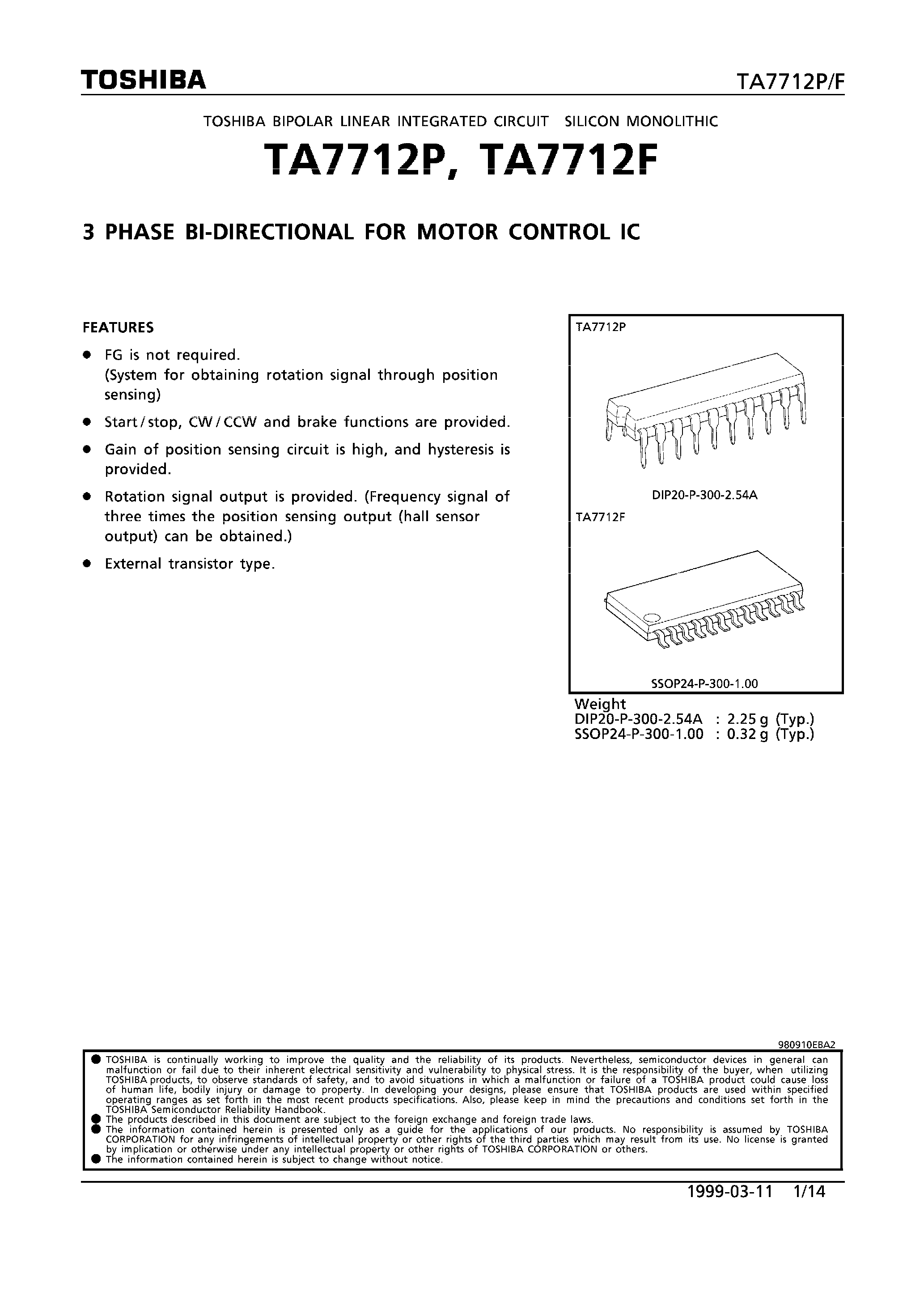 Datasheet TA7712F - 3 PHASE BI-DIRECTIONAL FOR MOTOR CONTROL IC page 1