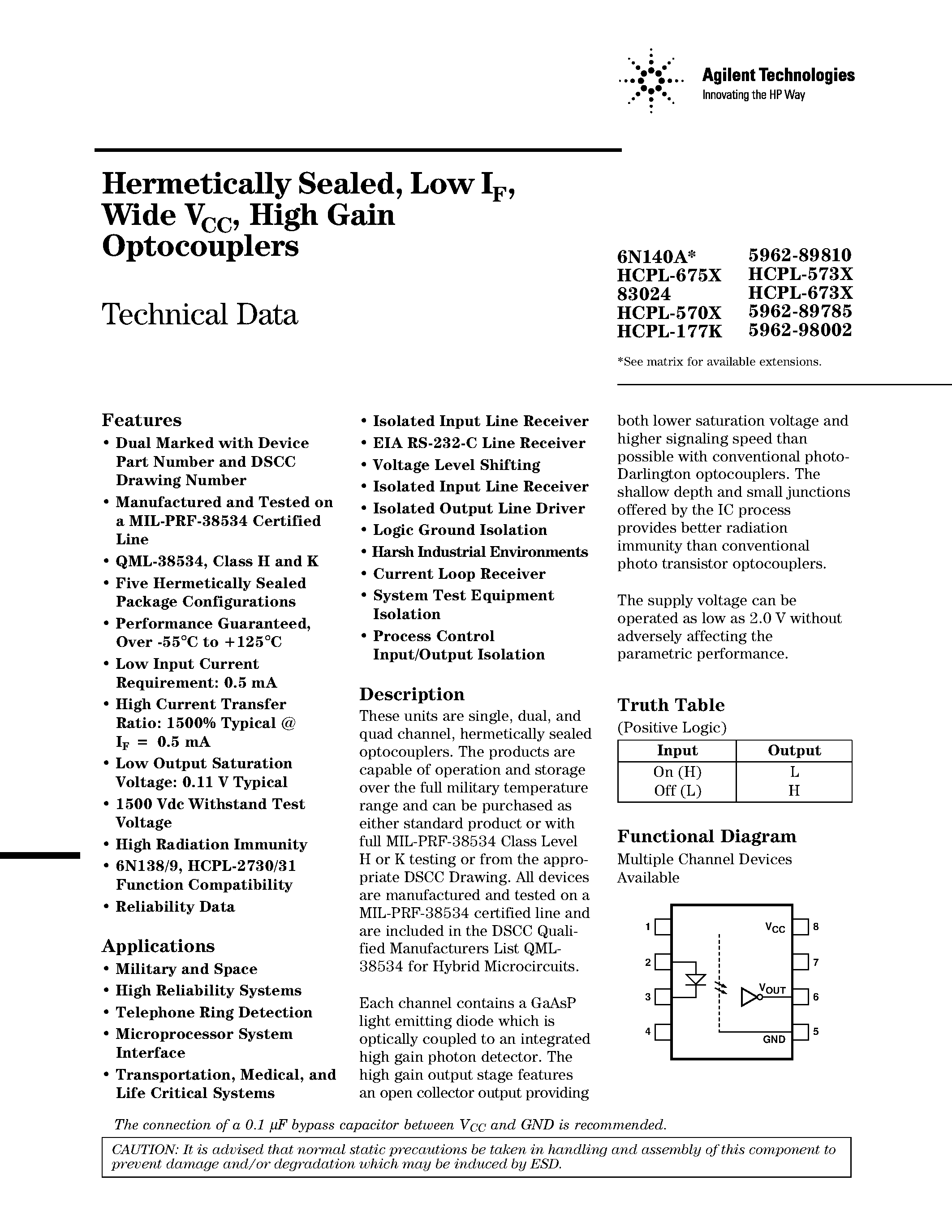 Datasheet HCPL-177K page 1 Datasheet HCPL-177K - (HCPL-xxxx) Hermetically Sealed / Low IF / Wide VCC / High Gain Optocouplers page 1