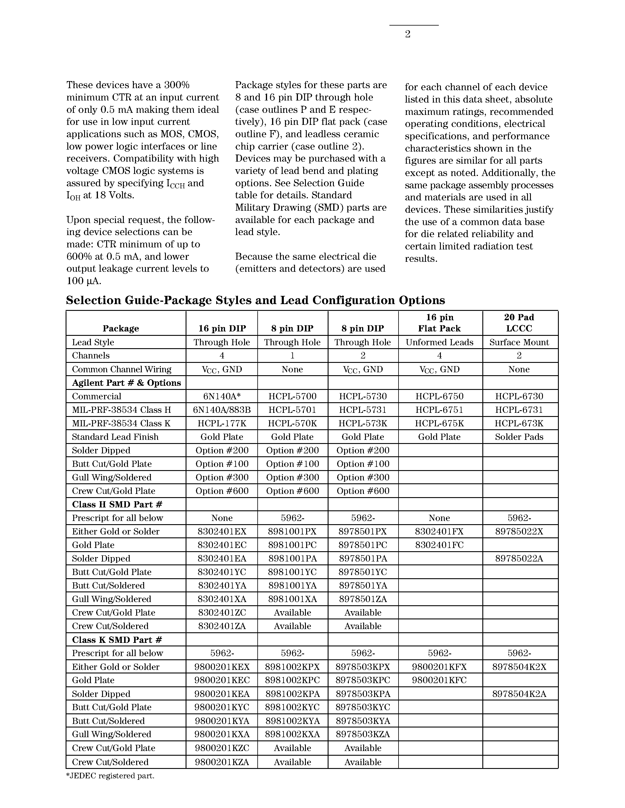 Datasheet HCPL-177K page 2 Datasheet HCPL-177K - (HCPL-xxxx) Hermetically Sealed / Low IF / Wide VCC / High Gain Optocouplers page 2