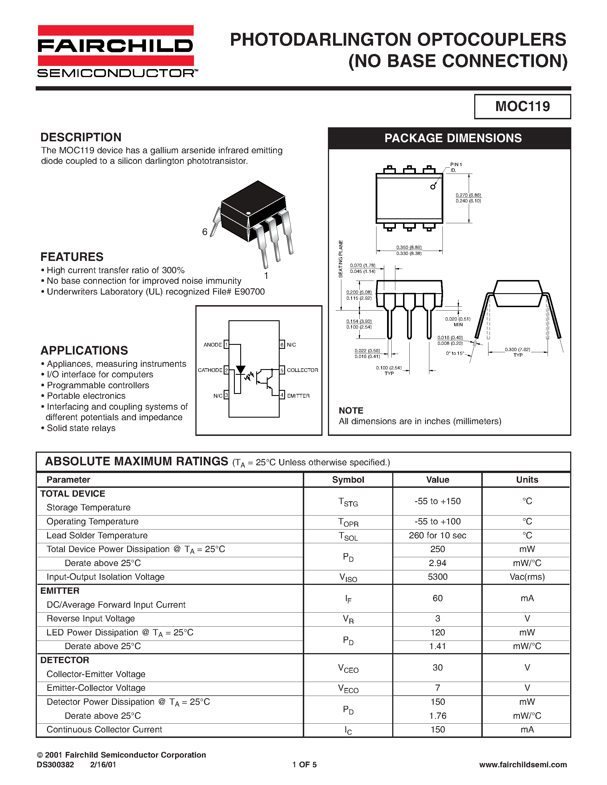 Datasheet MOC119 - PHOTODARLINGTON OPTOCOUPLERS (NO BASE CONNECTION) page 1
