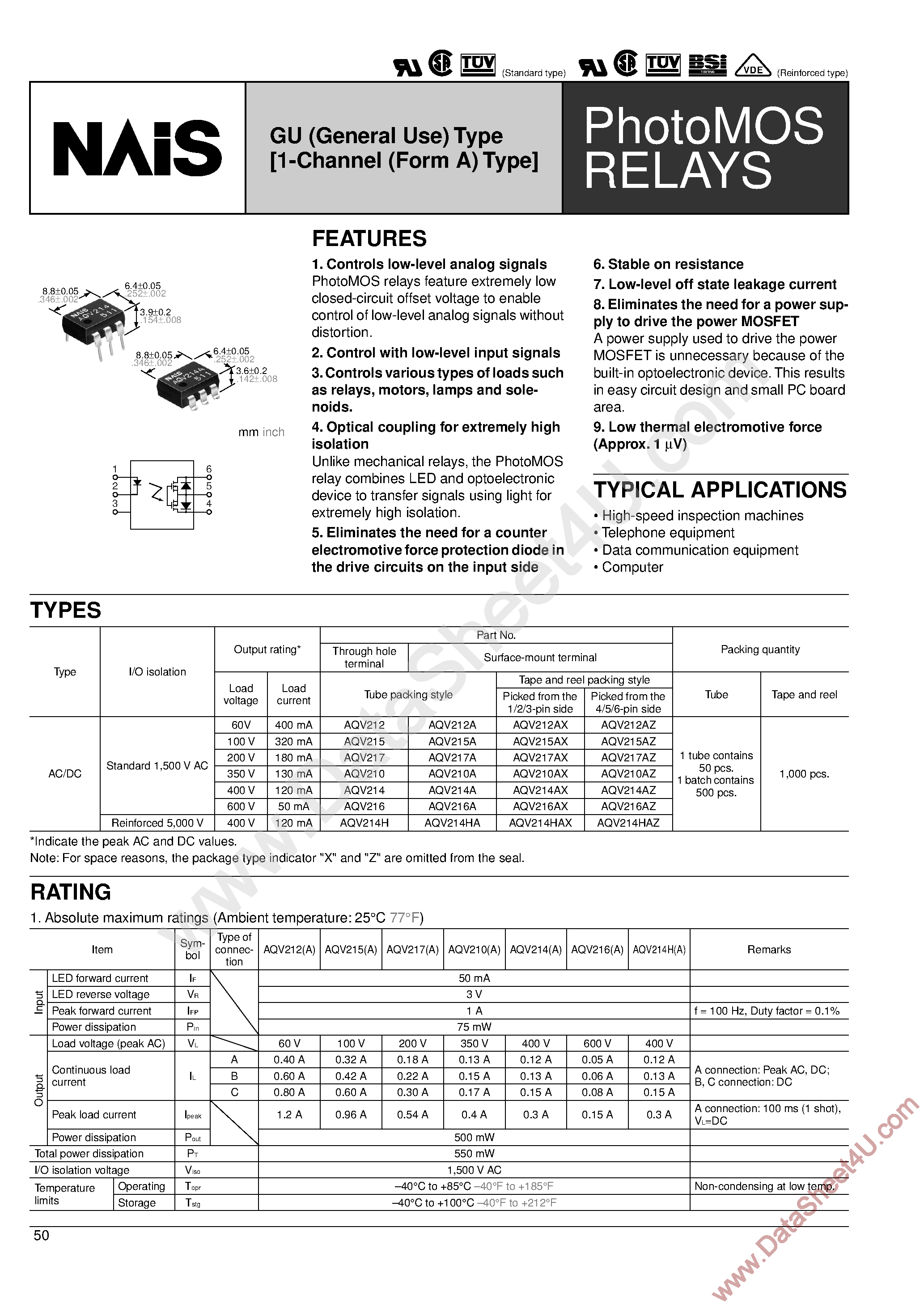 Datasheet AQV210 - (AQV210x - AQV217x) PhotoMOS Relays page 1