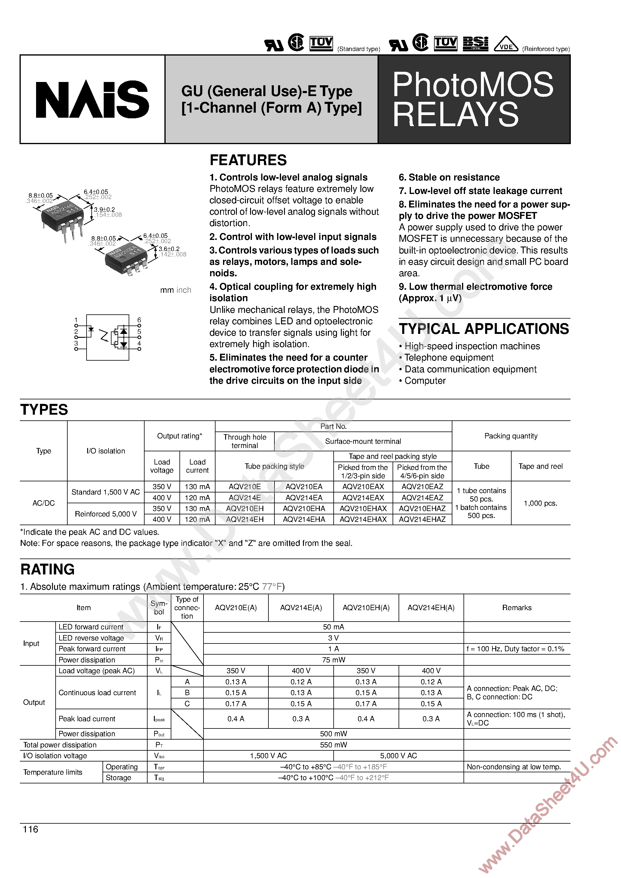 Datasheet AQV210E - (AQV210E / AQV214E) PhotoMOS Relays page 1