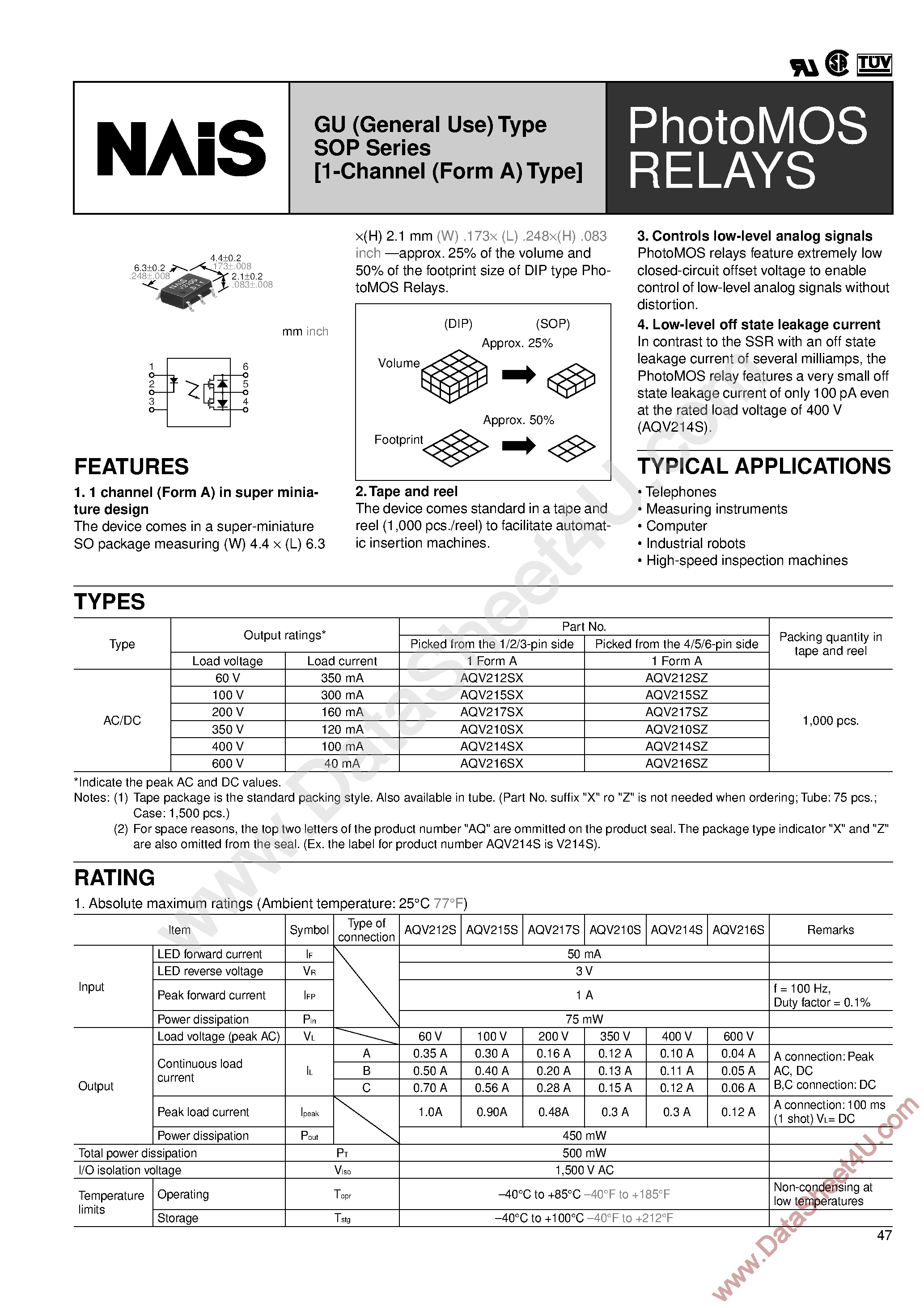 Datasheet AQV210S - (AQV210S - AQV217S) PhotoMOS Relays page 1