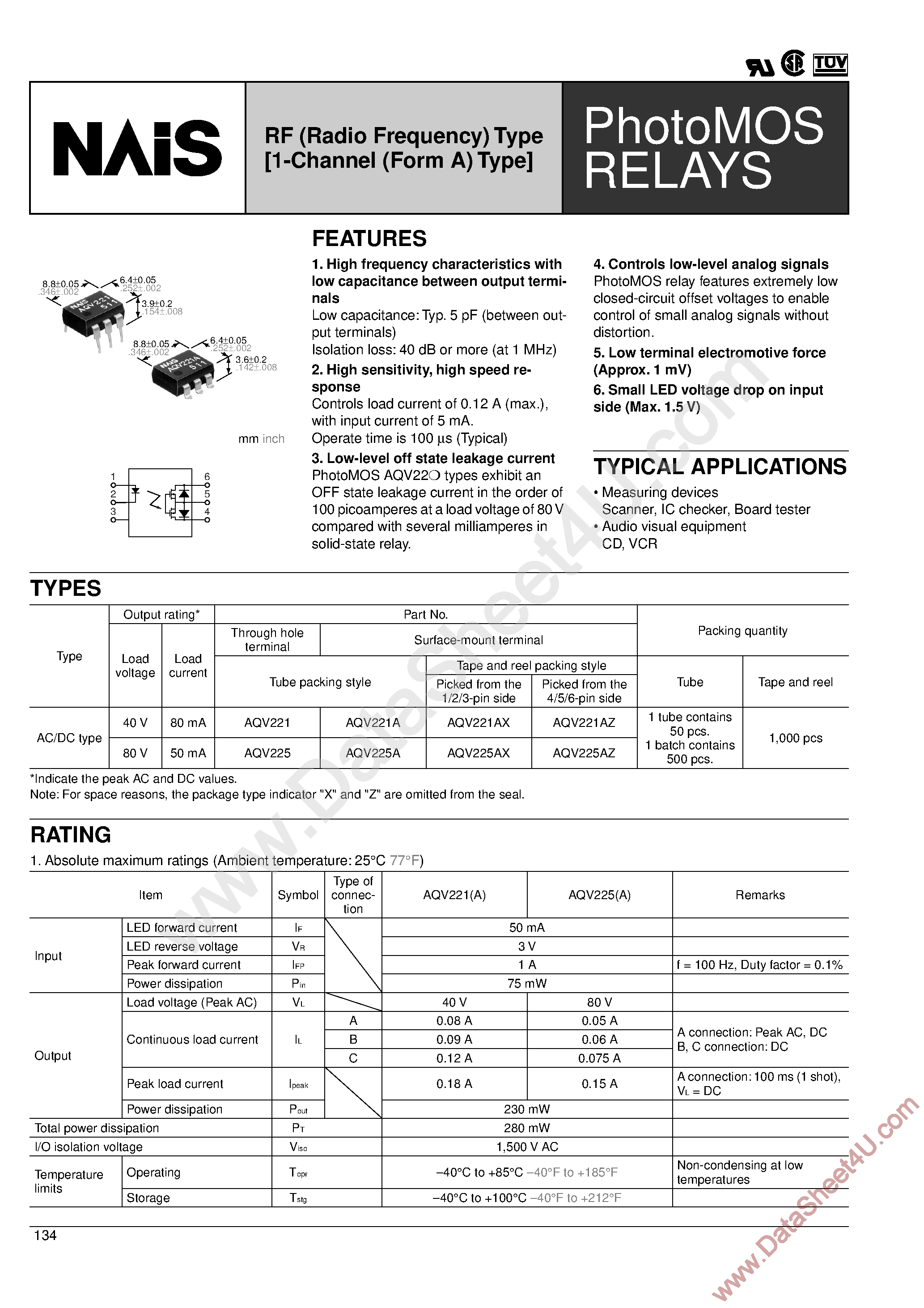 Datasheet AQV221 - (AQV221x - AQV225x) PhotoMOS Relays page 1