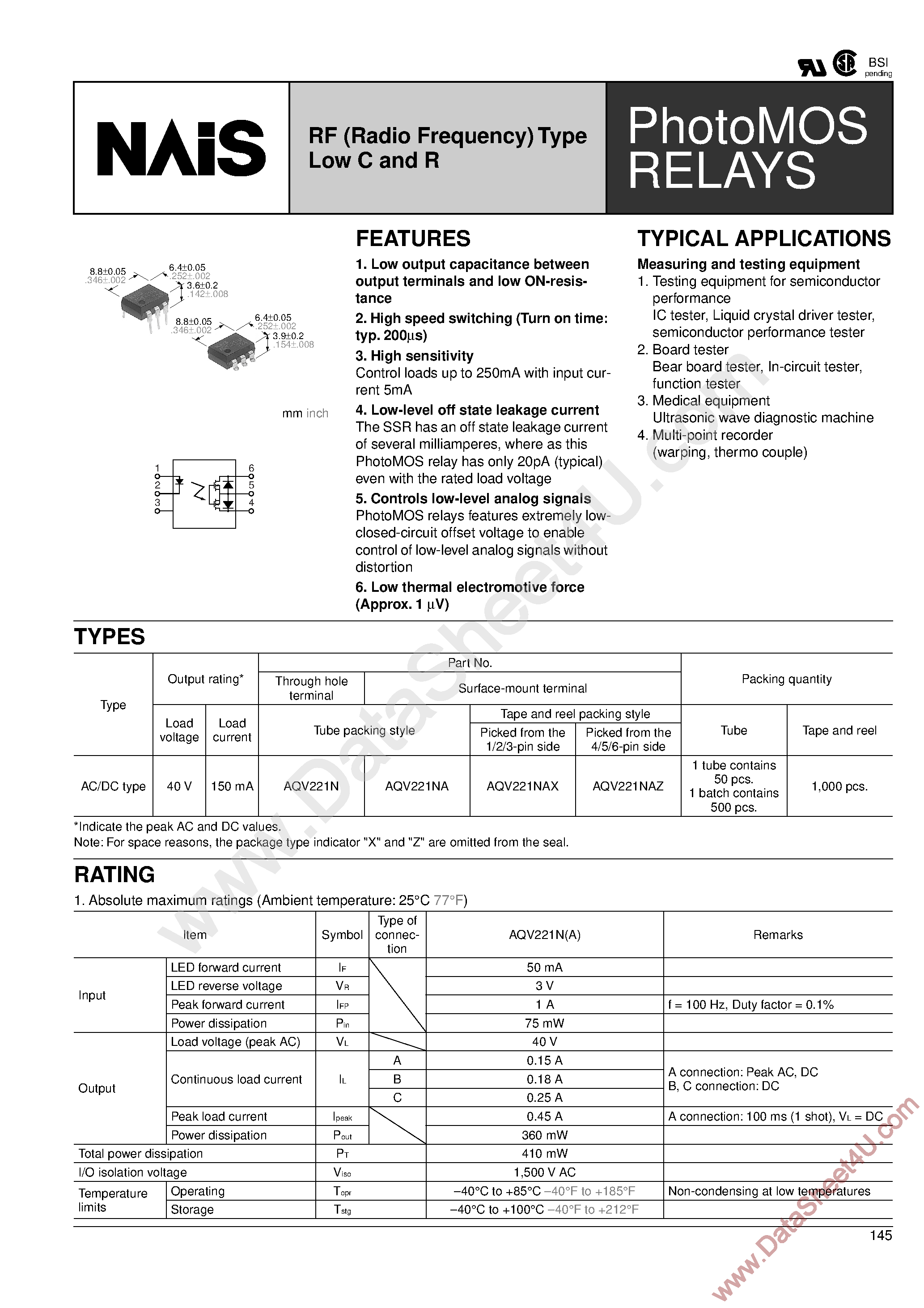Datasheet AQV221N - PhotoMOS Relays page 1