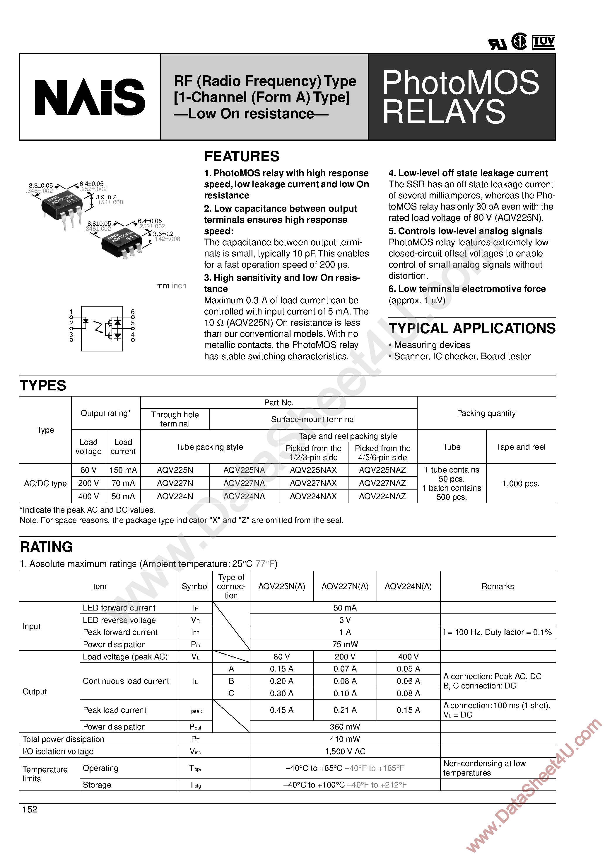 Datasheet AQV224N - (AQV224N - AQV227N) PhotoMOS Relays page 1