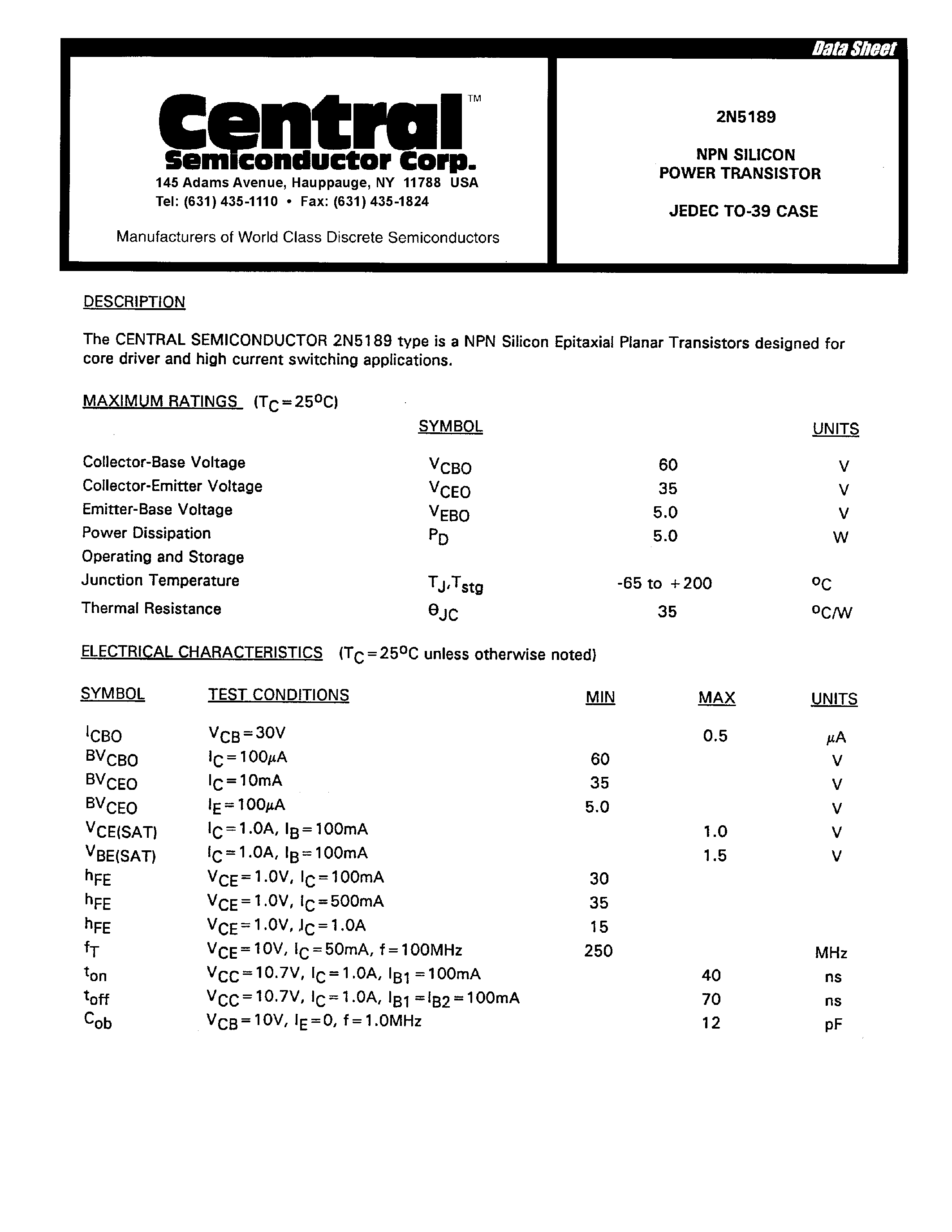 Datasheet 2N5189 - NPN SILICON POWER TRANSISTOR page 1