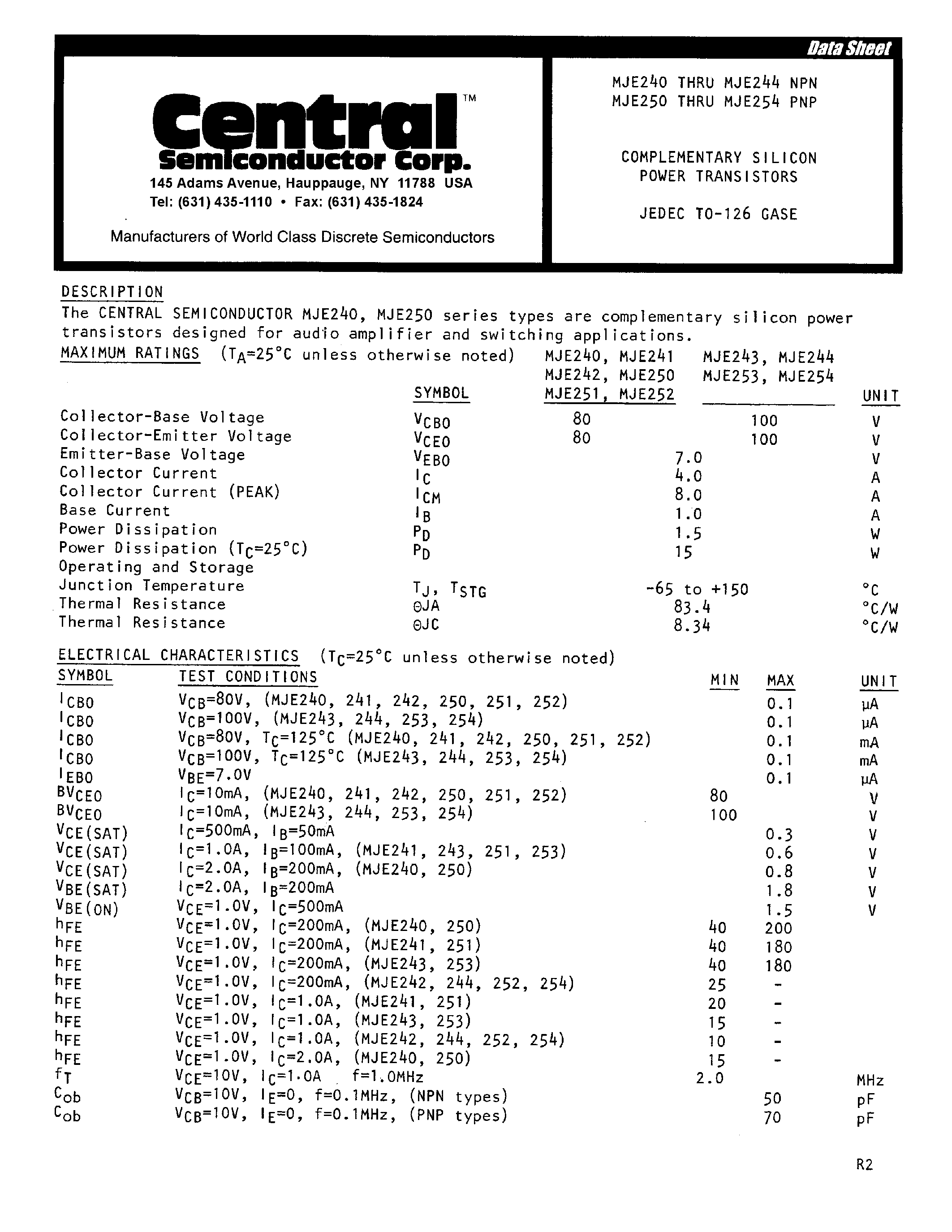 Datasheet MJE240 - (MJE250 - MJE254 / MJE240 - MJE244) COMPLEMENTARY SILICON POWER TRANSISTORS page 1