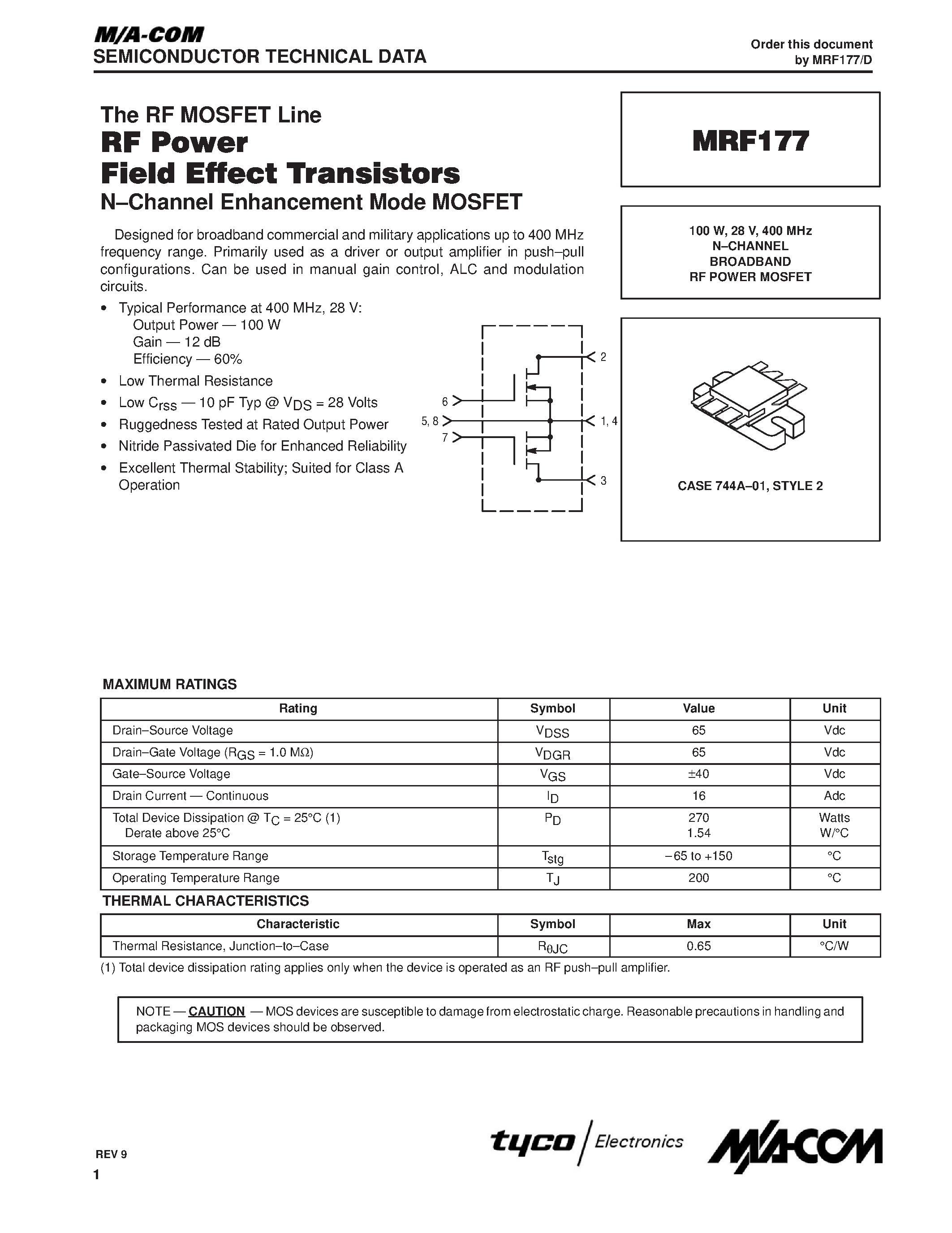 Datasheet MRF177 - N-CHANNEL BROADBAND RF POWER MOSFET page 1